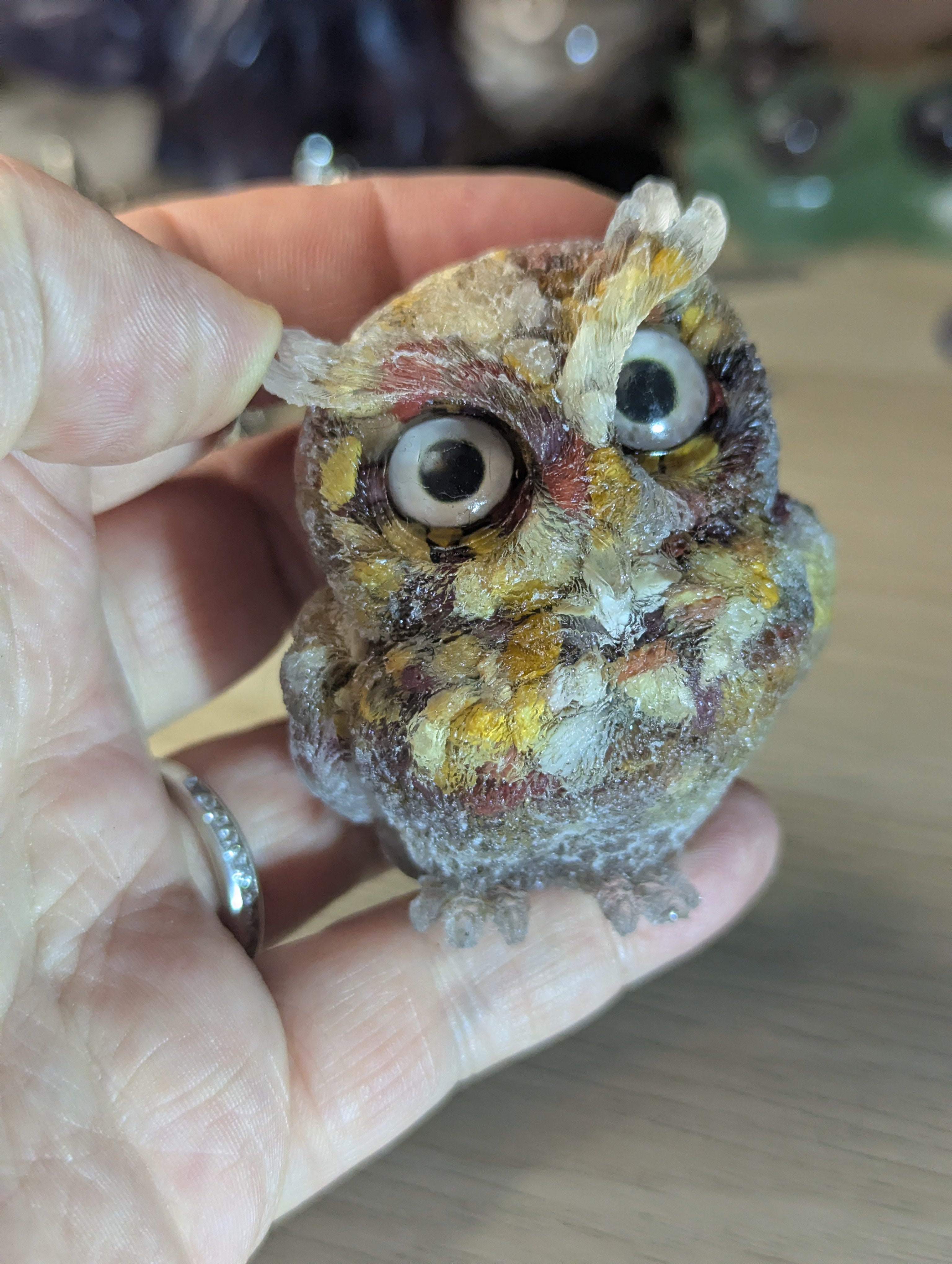Mookaite crystal owl carving in Resin