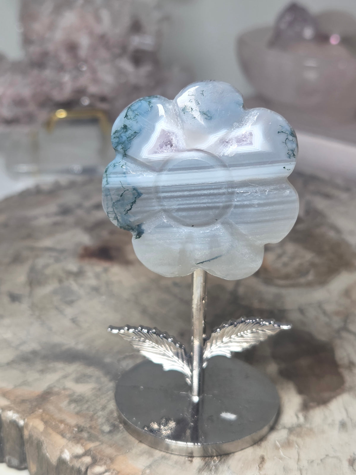 Moss agate with amethyst Druzy flower