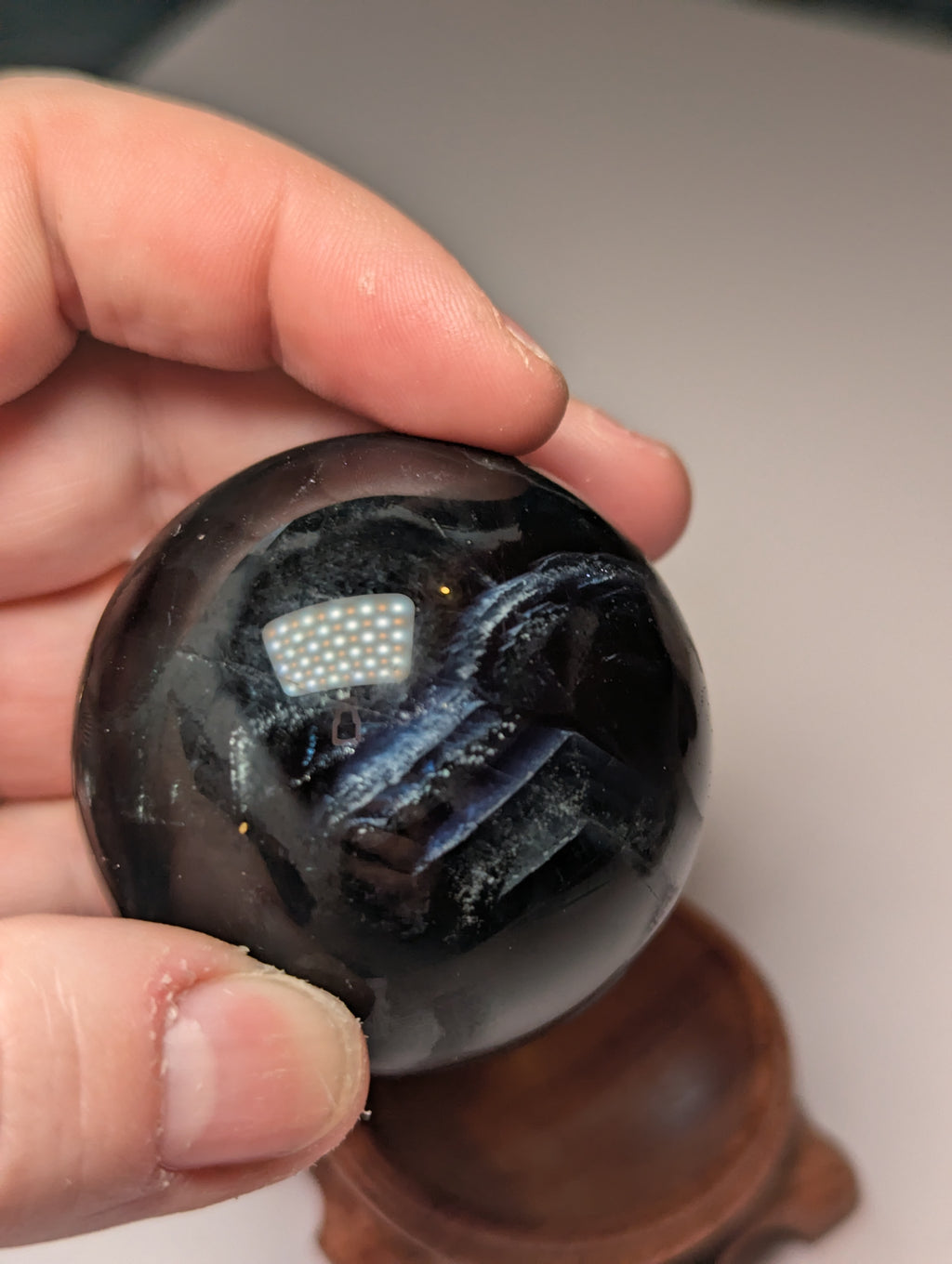Black rose flourite crystal sphere with stand UV reactive