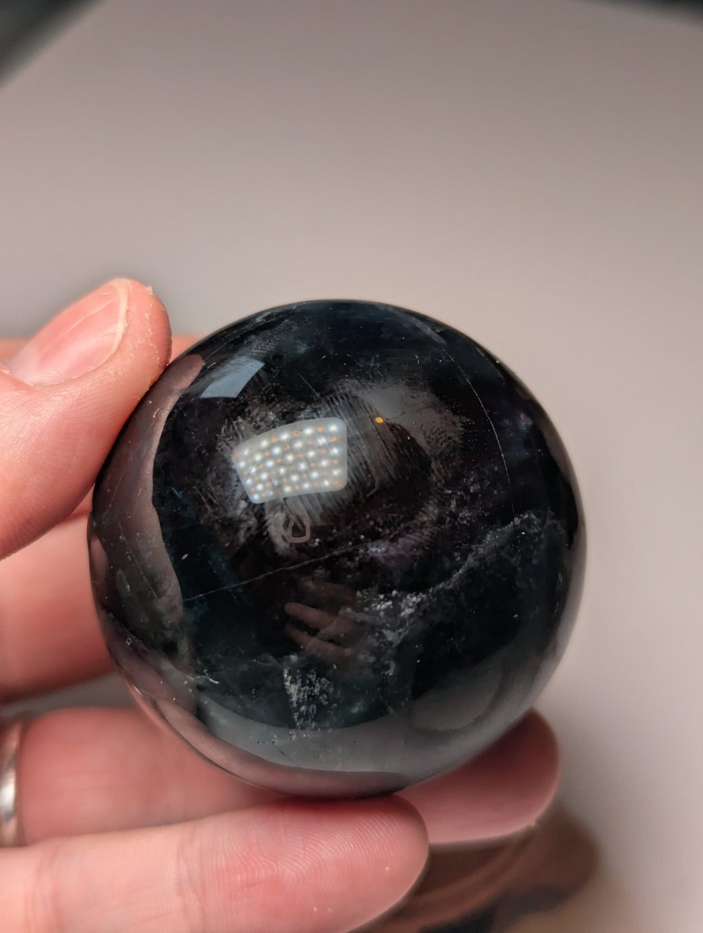 Black rose flourite crystal sphere with stand UV reactive