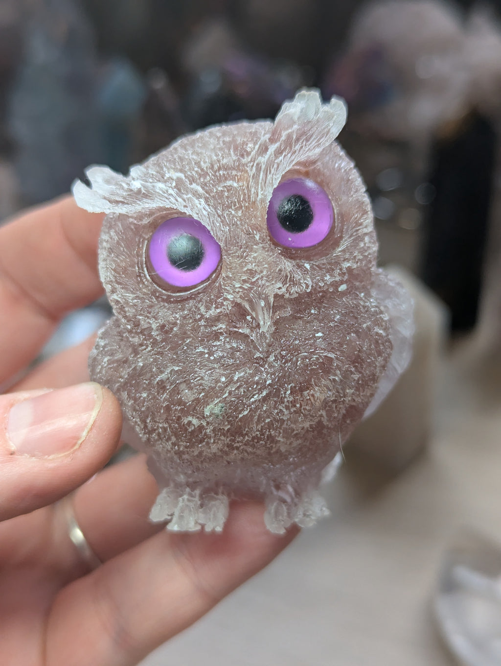 Strawberry quartz in resin crystal owl carving