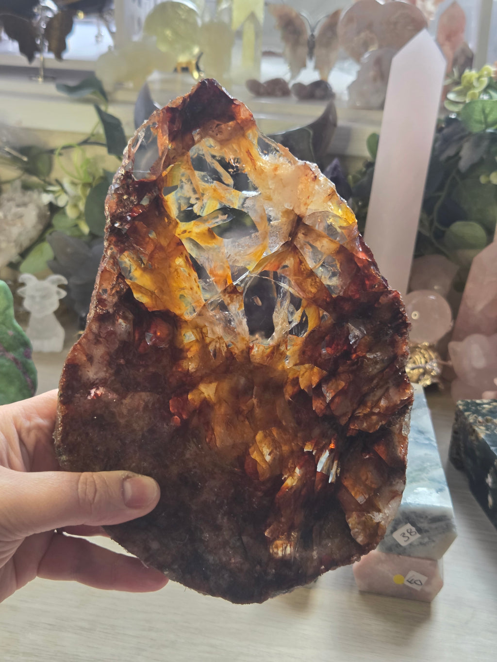 XL Grade A A fire quartz crystal slice with stand