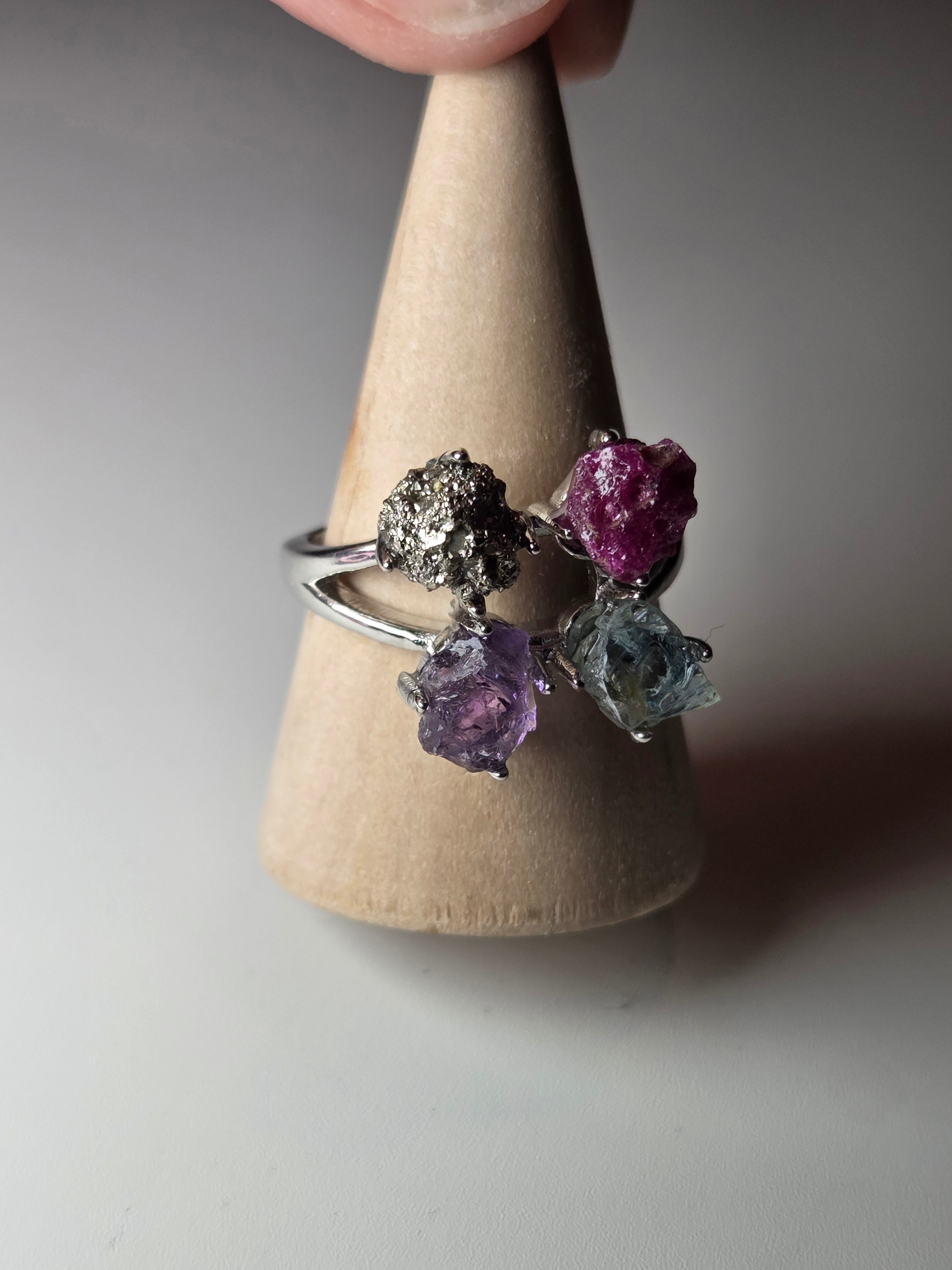 Crystal Specimen adjustable ring pyrite amethyst ruby aquamarine