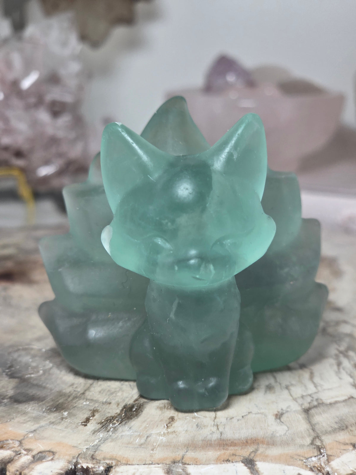 Green Fluorite crystal nine tail fox carving