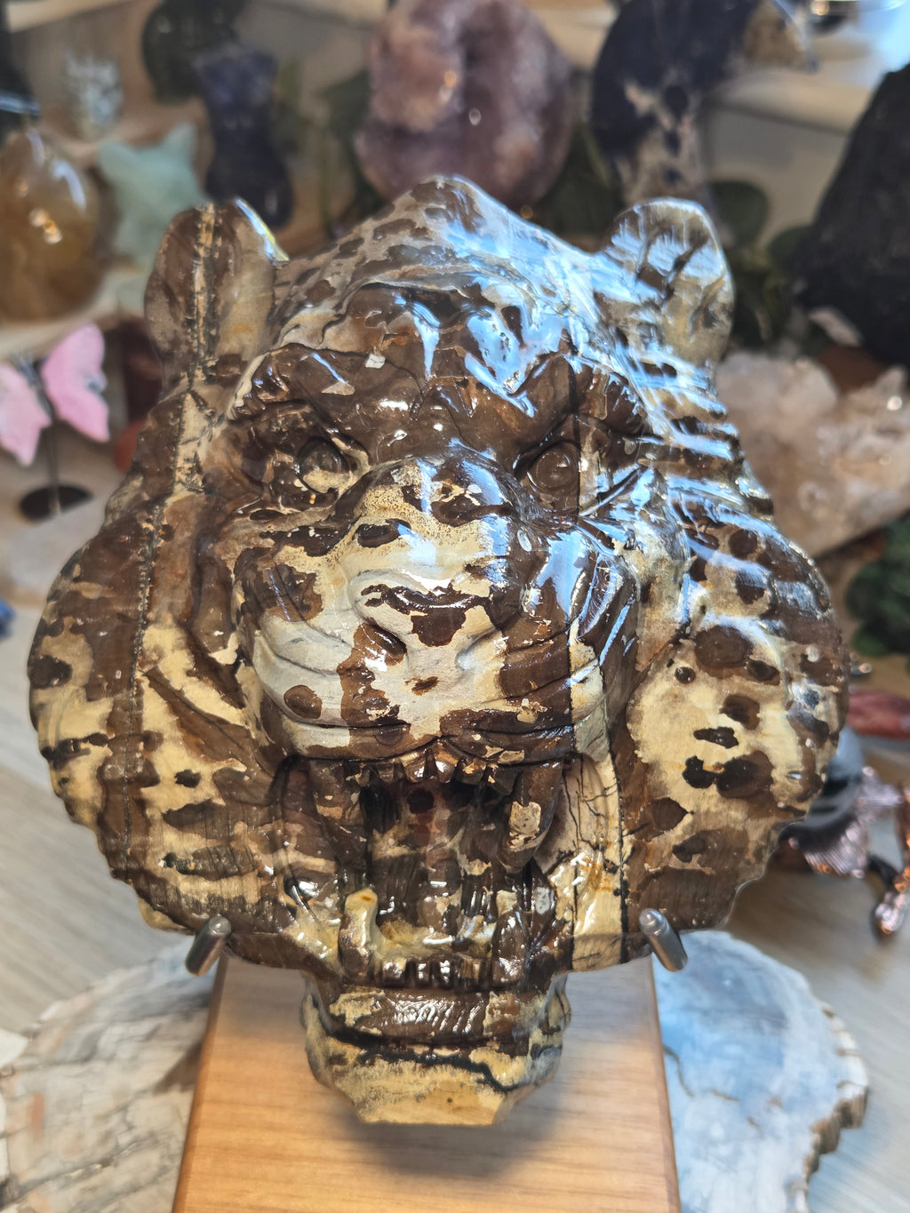 Amazing  Jasper Tiger head carving  with stand
