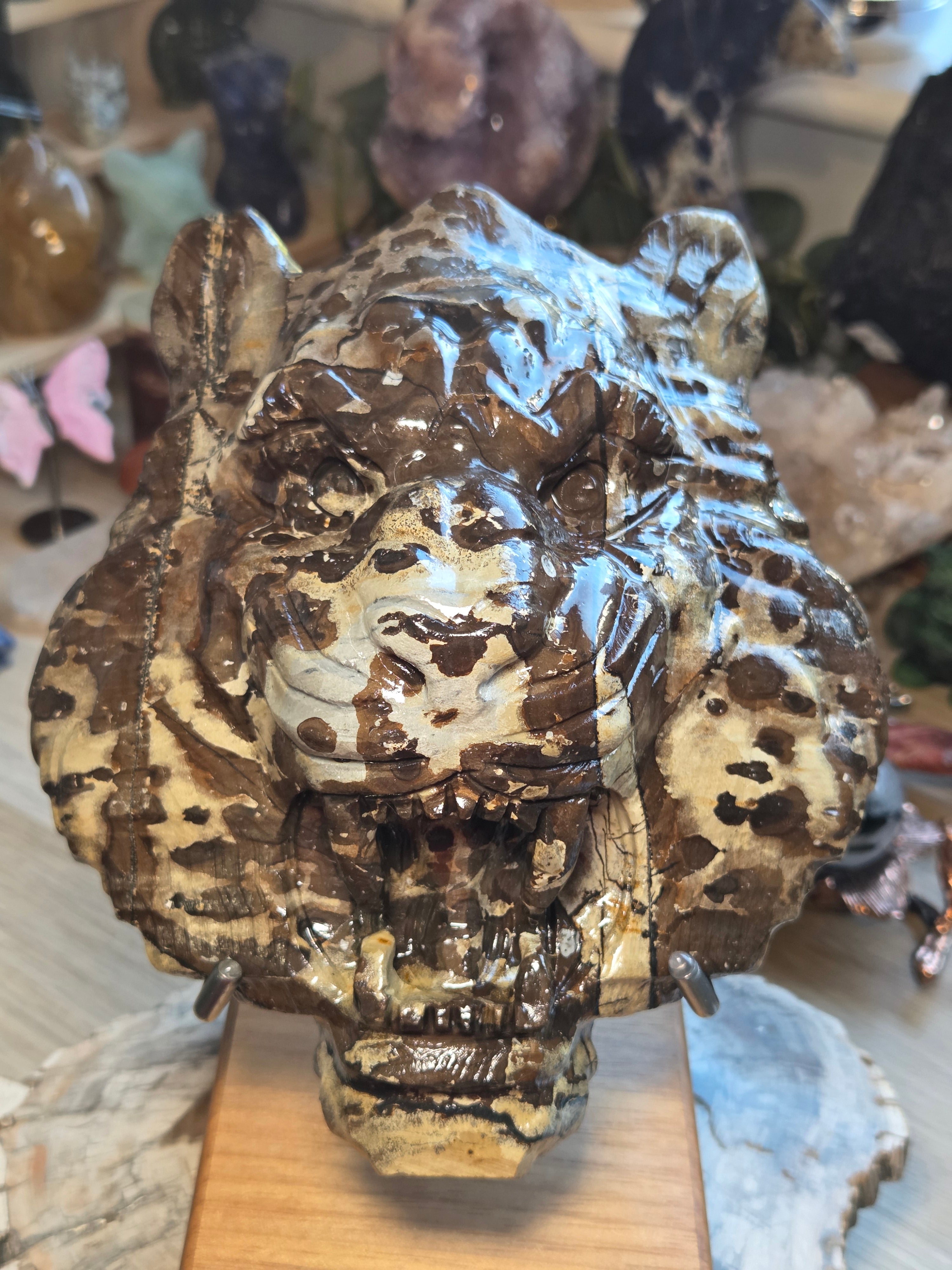 Amazing  Jasper Tiger head carving  with stand