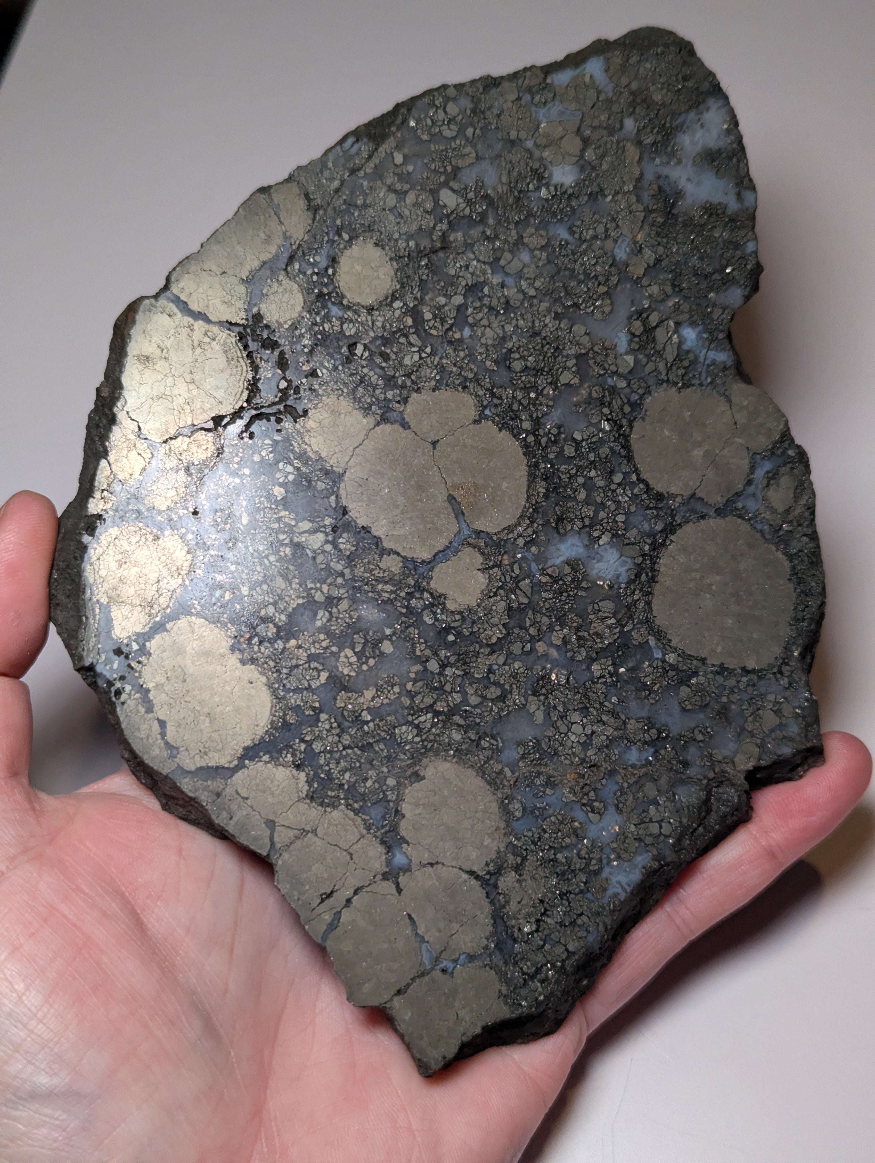 Pyrite with agate crystal slice with stand