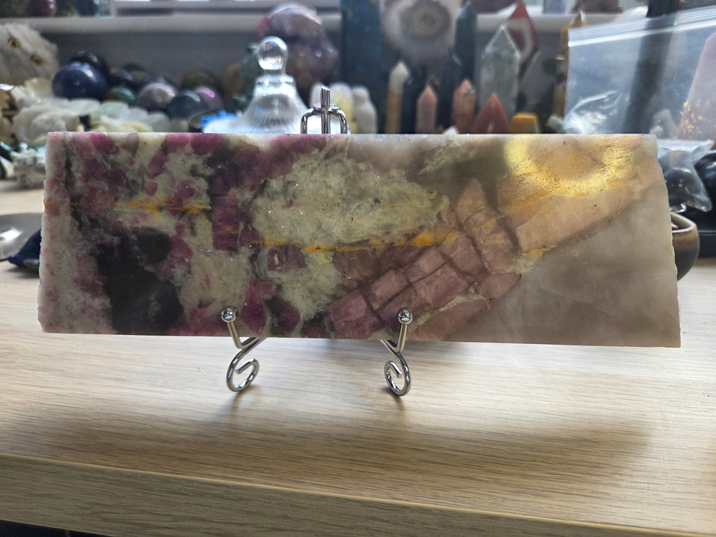 Large Pink Tourmaline crystal slice with silver stand