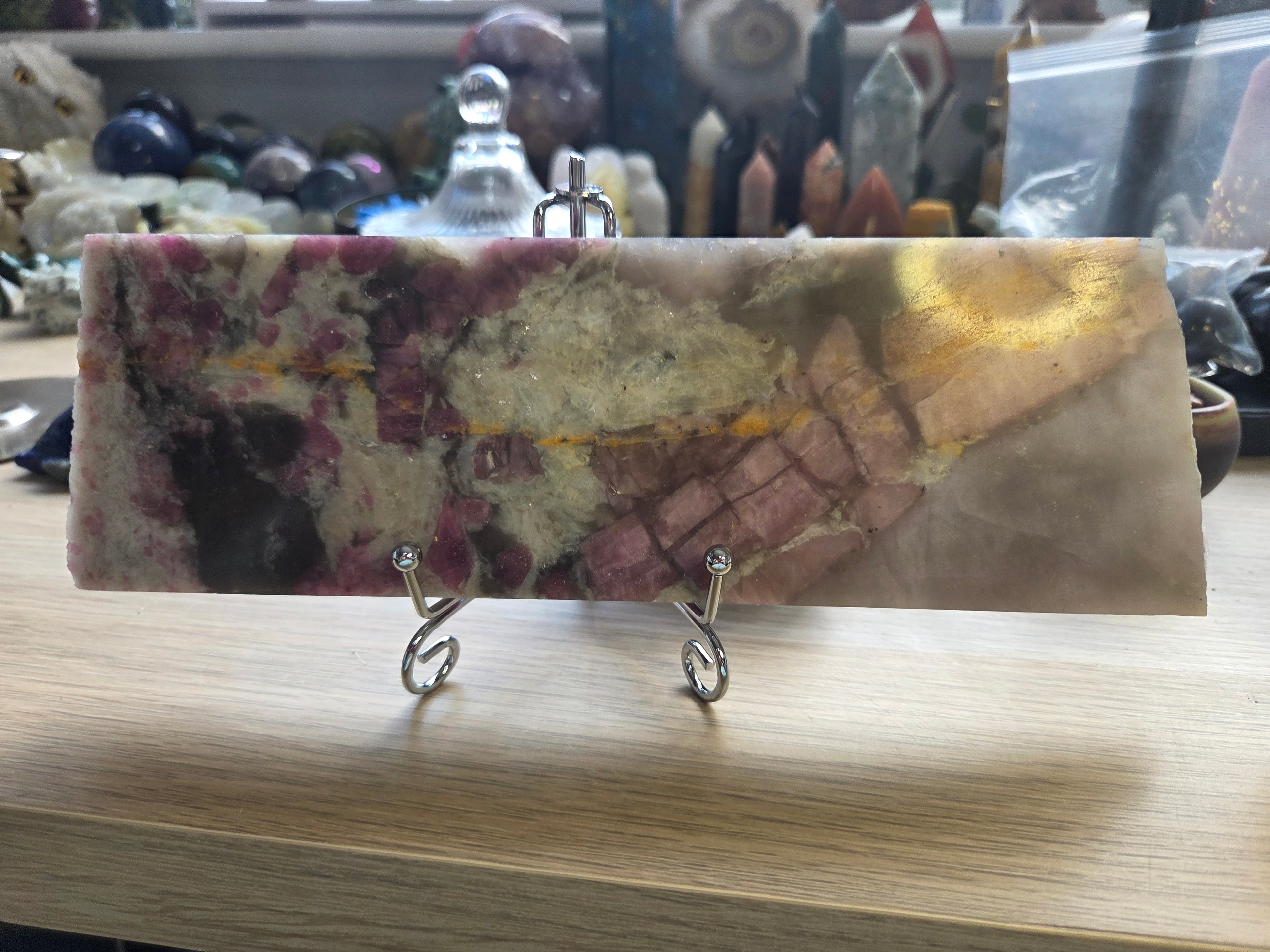 Large Pink Tourmaline crystal slice with silver stand