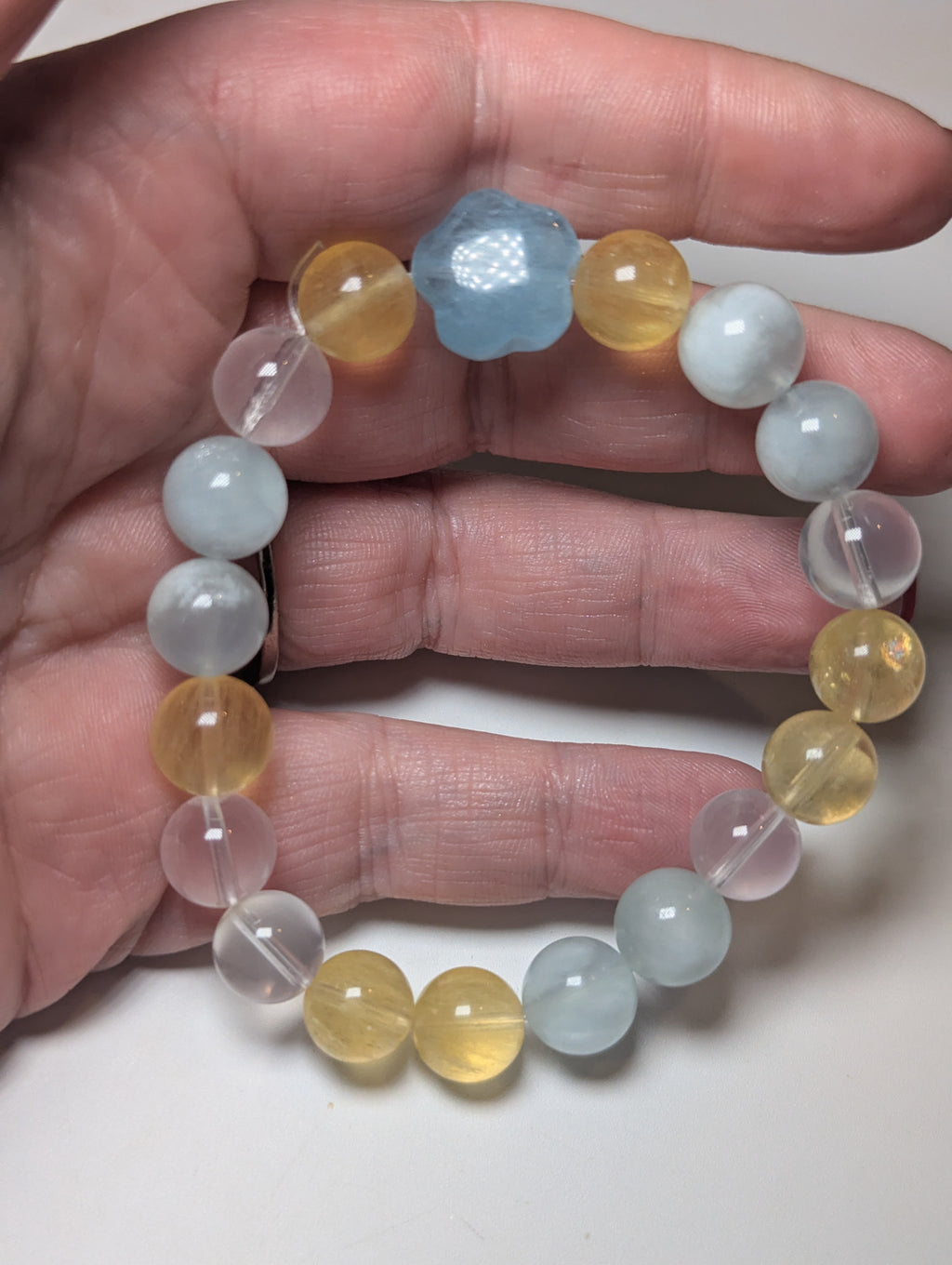 Aquamarine yellow Flourite  and clear quartz  custom bracelet