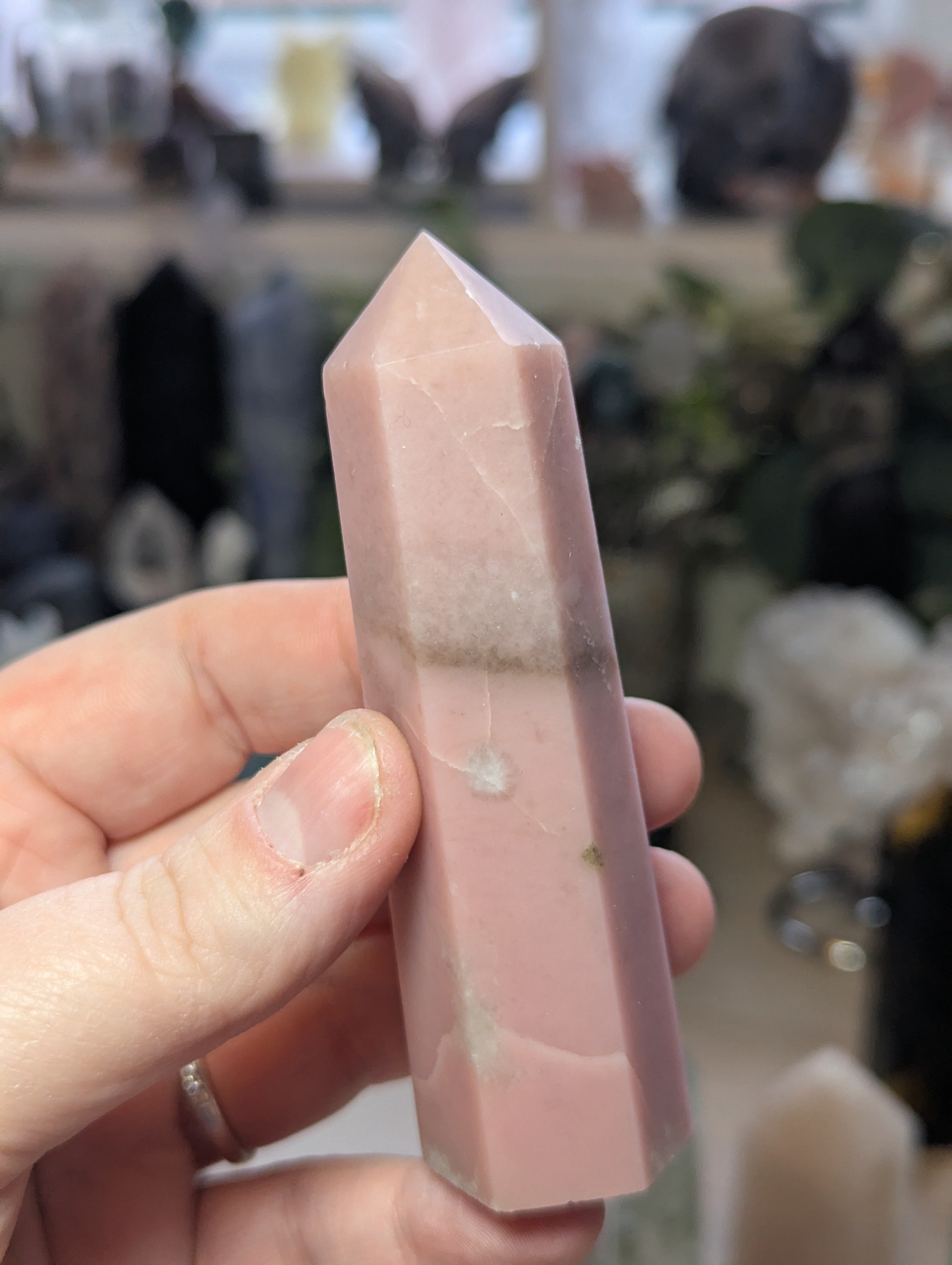 Pink opal crystal tower carving