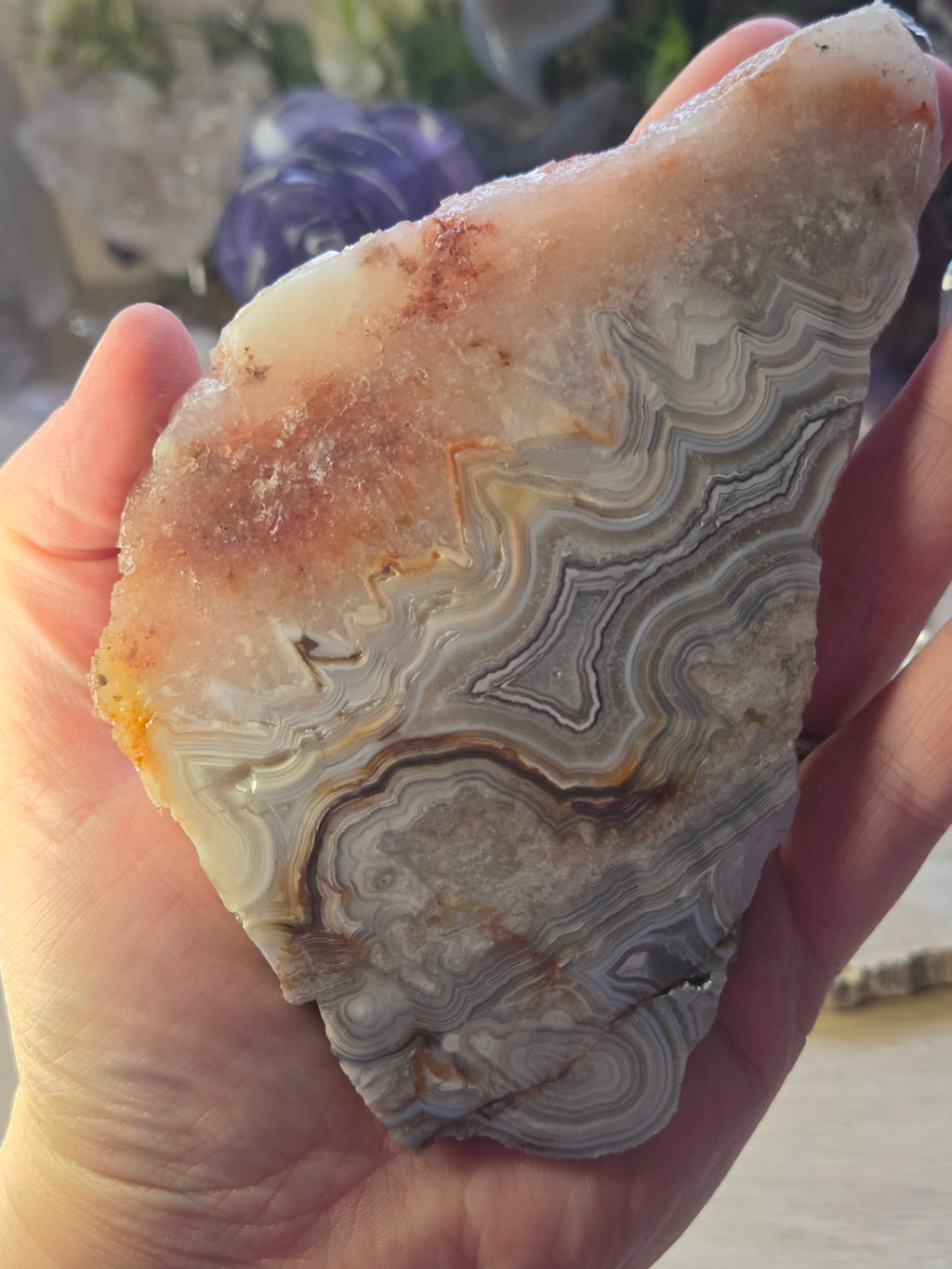 Mexican crazy lace agate with pink amethyst with stand