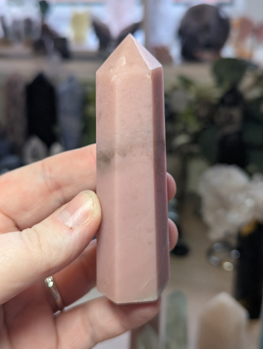 Pink opal crystal tower carving