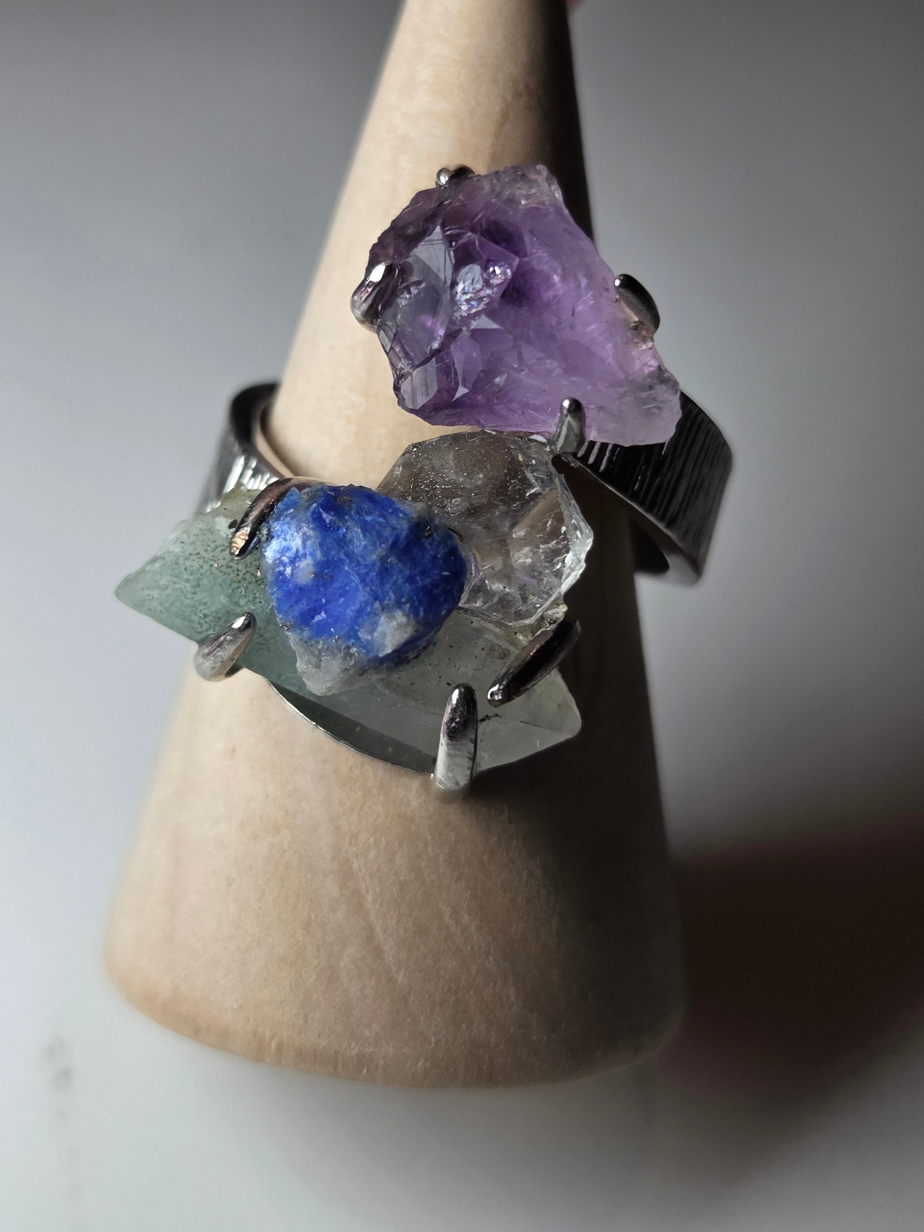 Specimen adjustable ring  amethyst garden quartz lapis lazuli and quartz