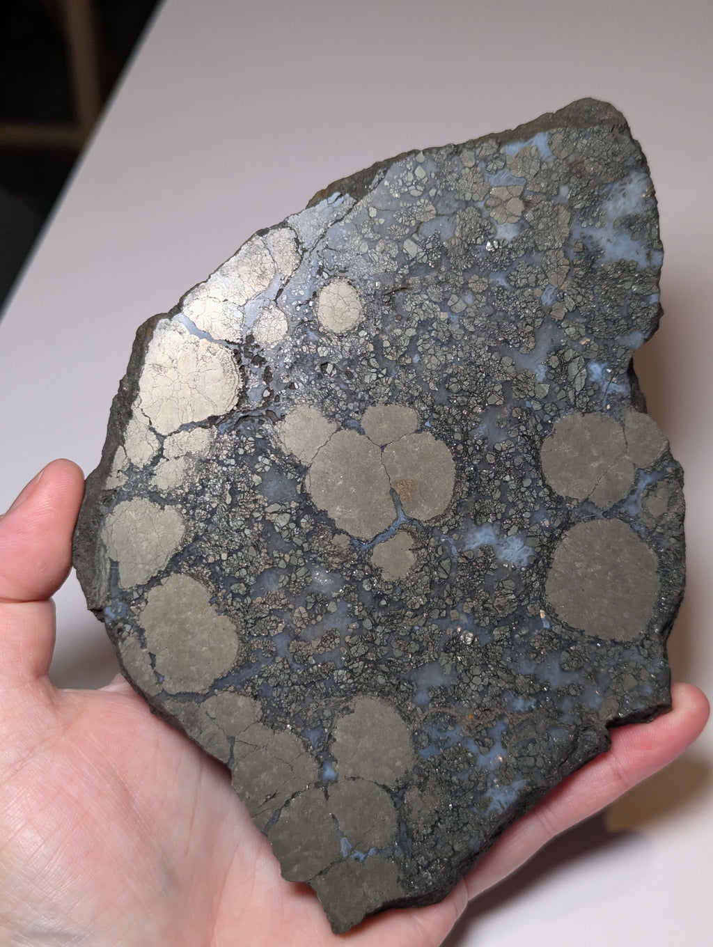 Pyrite with agate crystal slice with stand