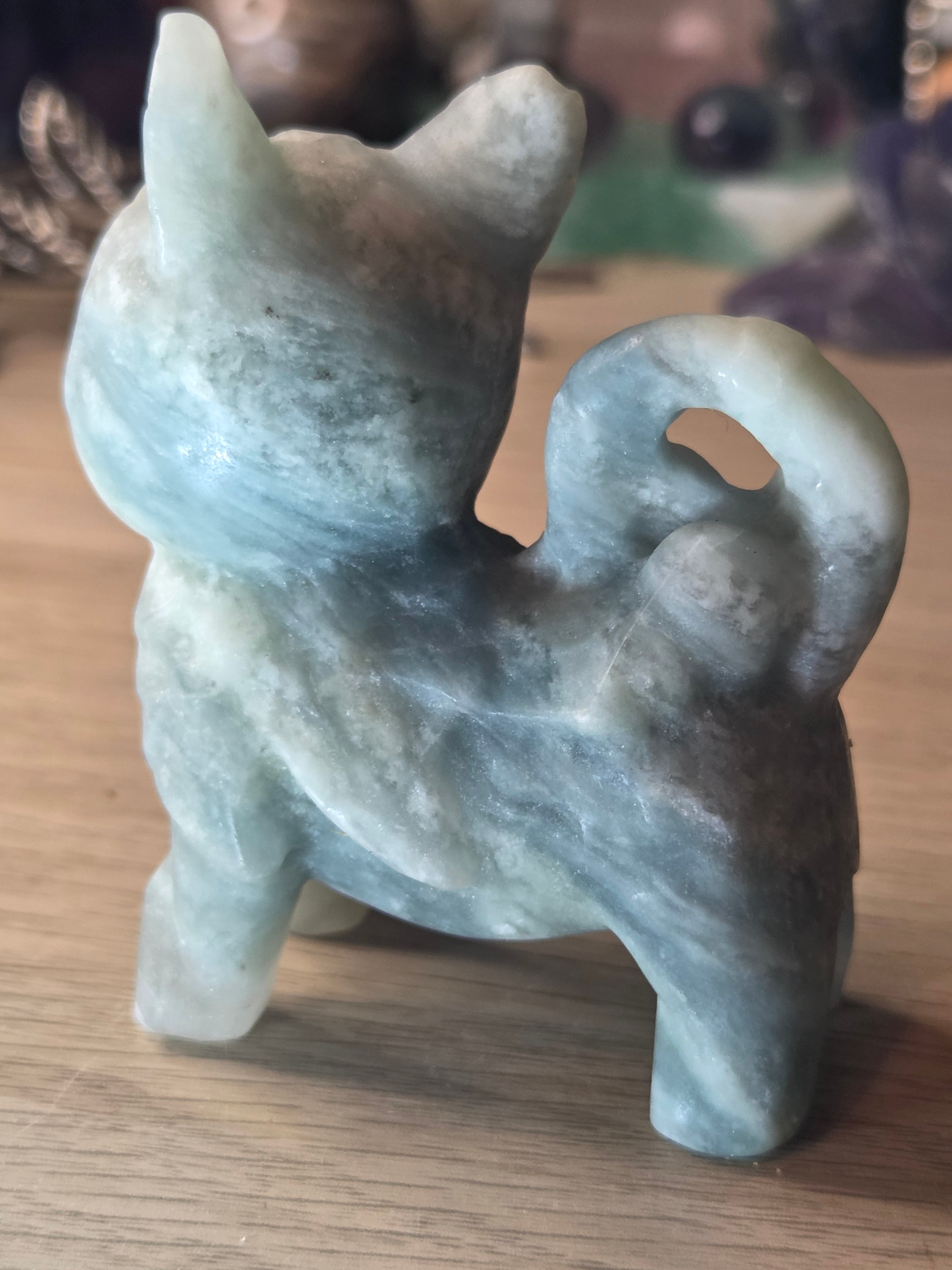 Blue jade crystal cat carving
