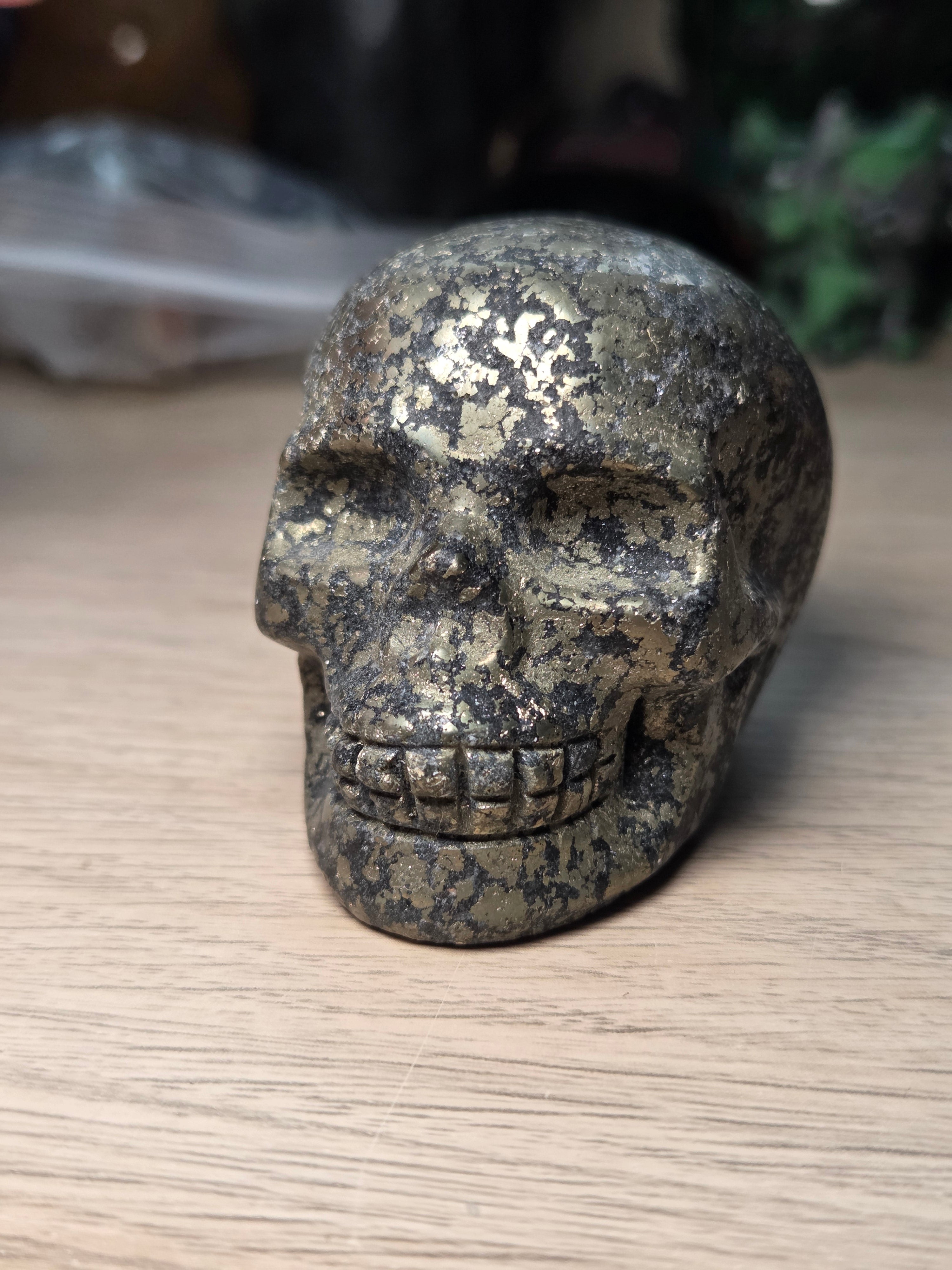 Pyrite crystal skull carving