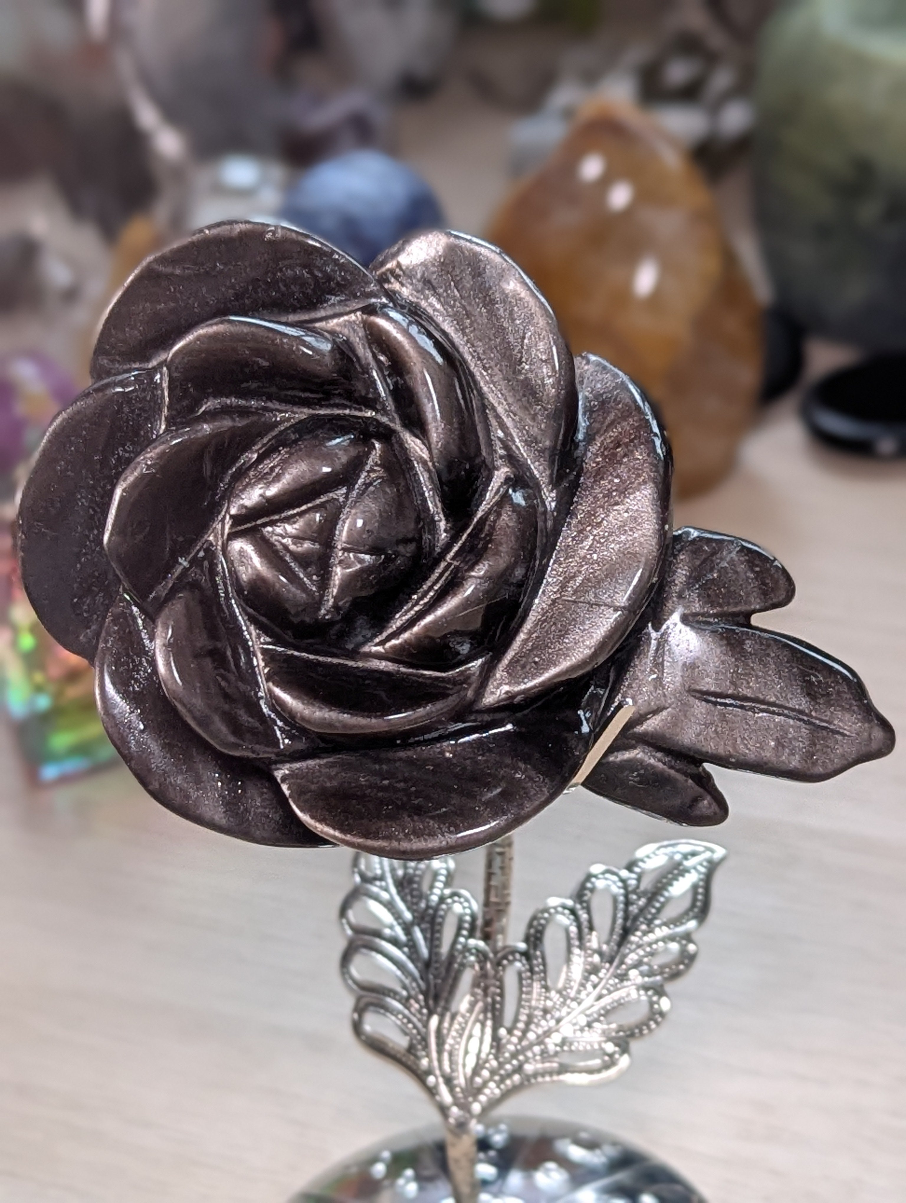 Silver sheen obsidian crystal rose carving with stand