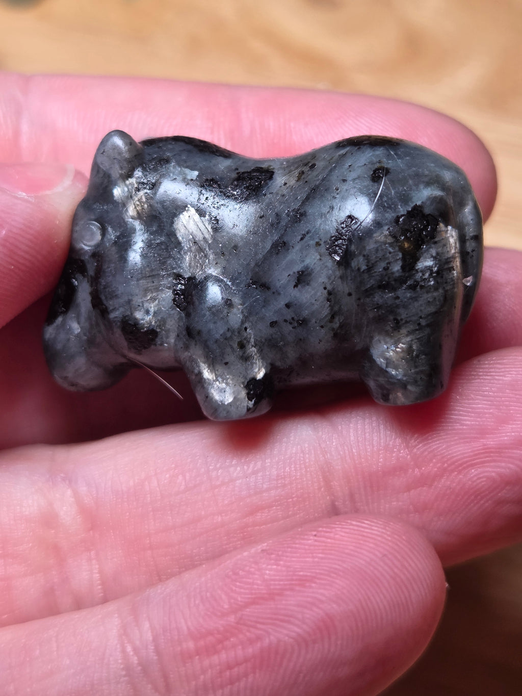 Larvakite small Hippo crystal carving