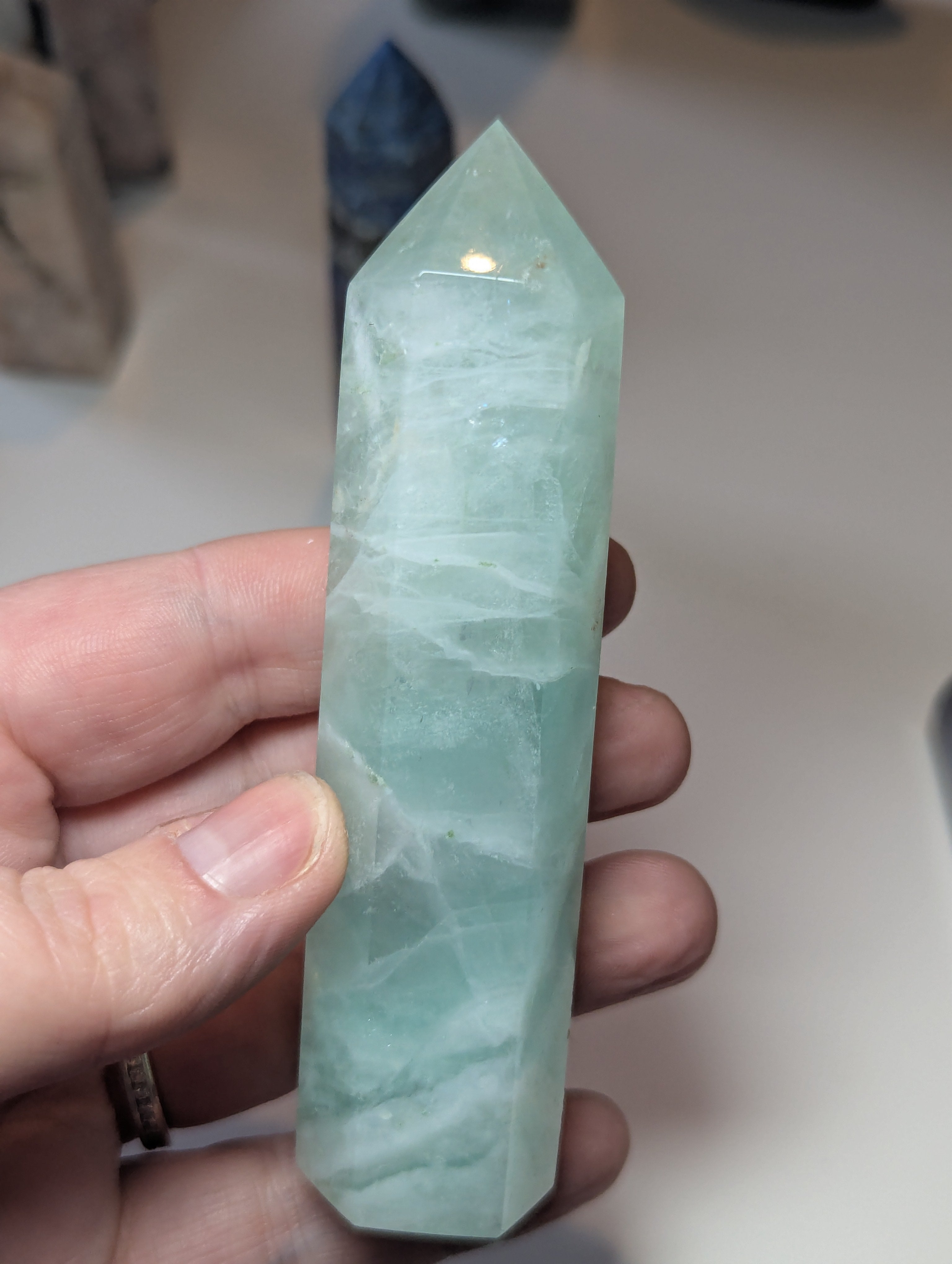 Green Flourite crystal tower carving