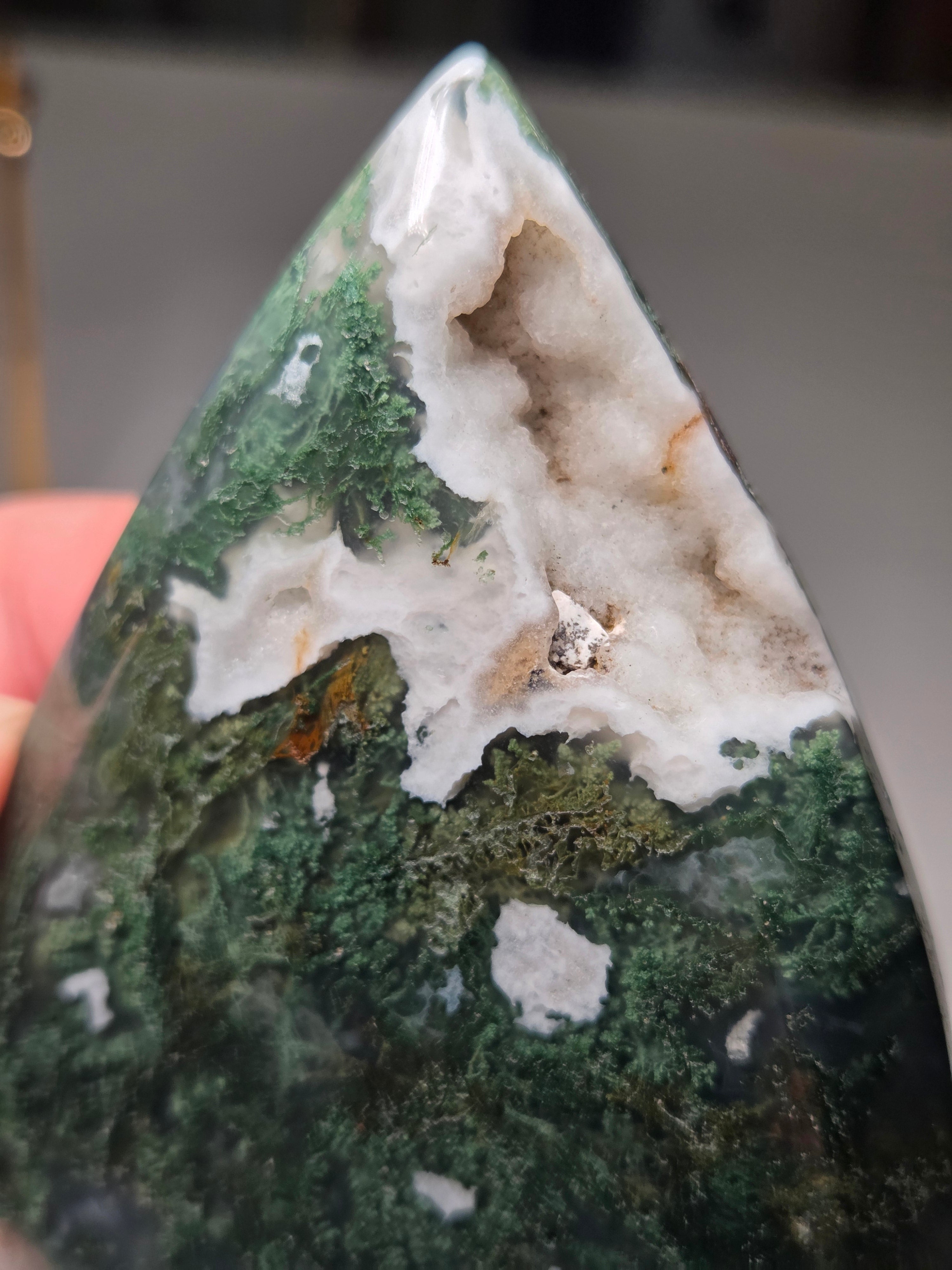 Moss Agate crystal tear drop carving
