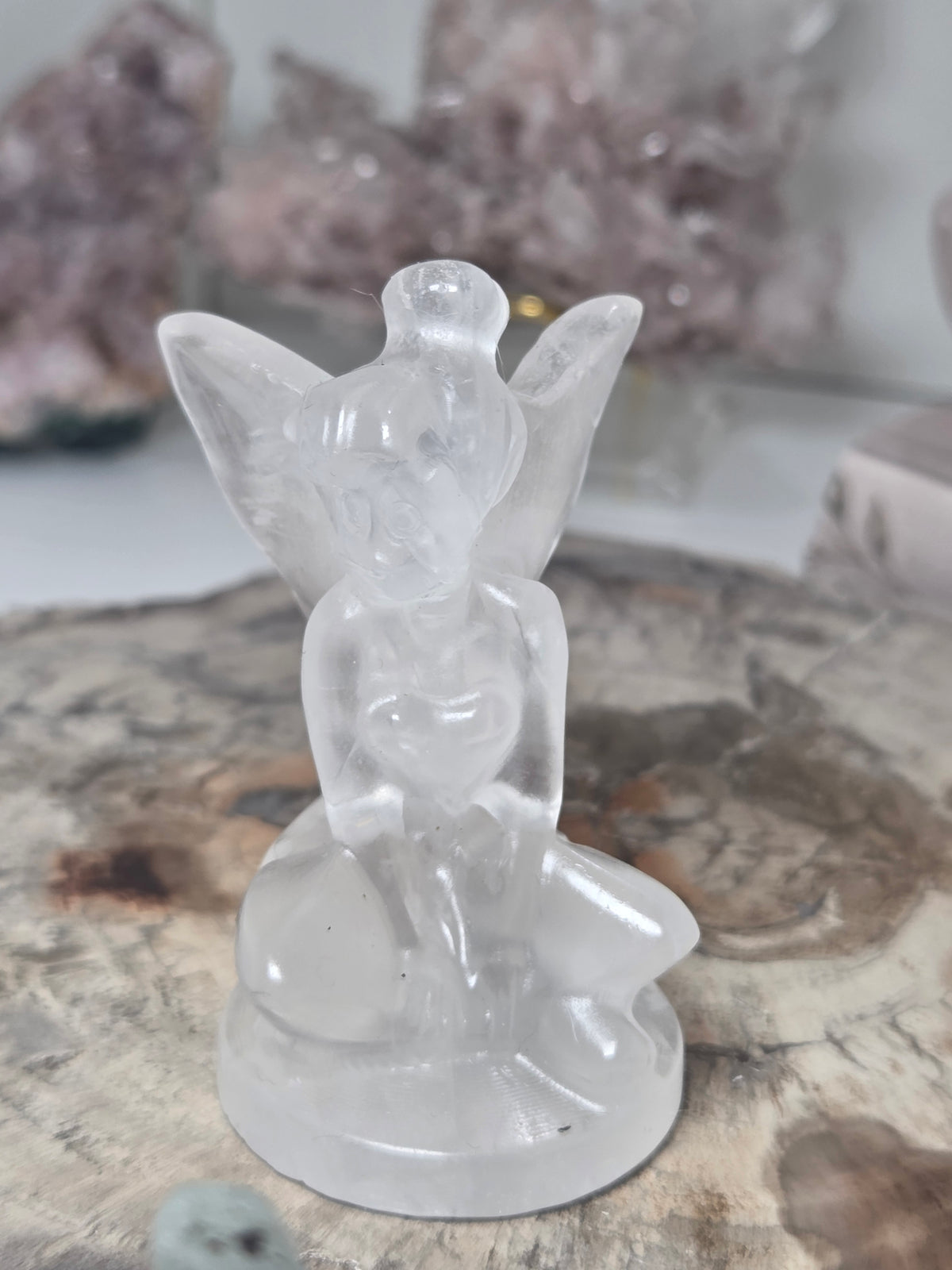 Clear quartz crystal Tinkabell carving