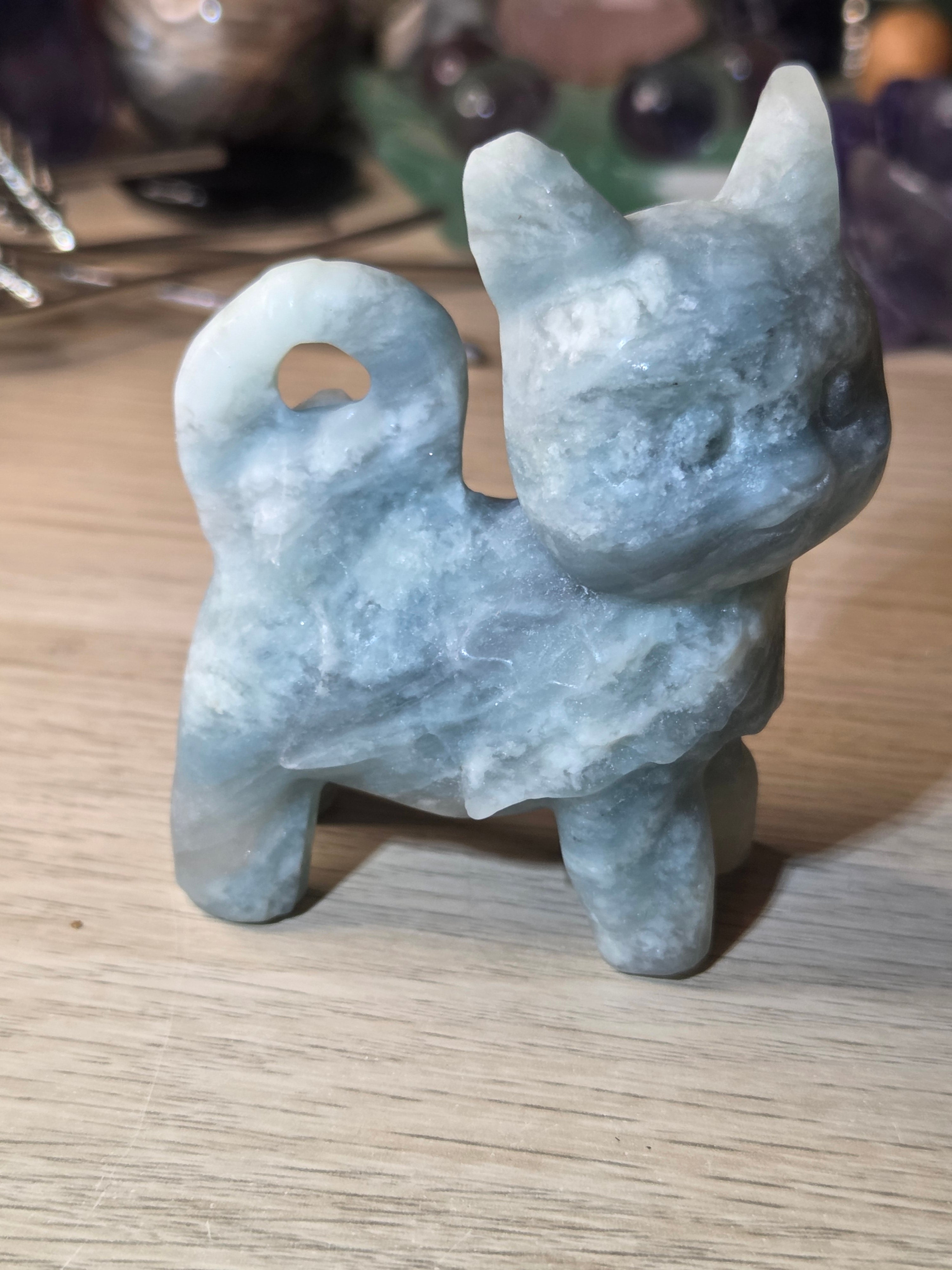 Blue jade crystal cat carving