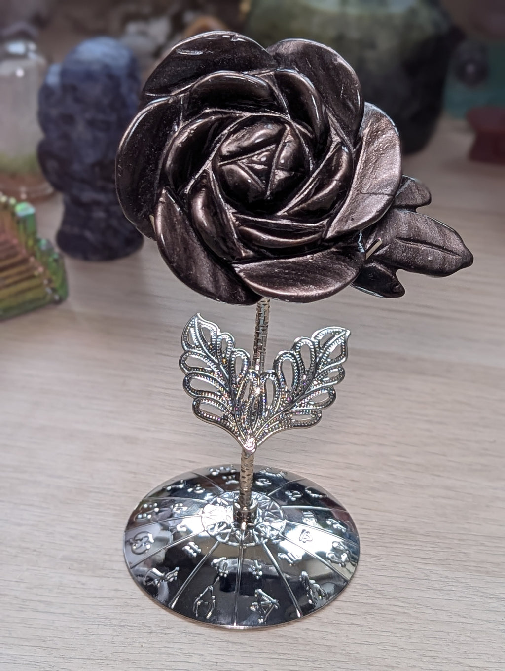 Silver sheen obsidian crystal rose carving with stand