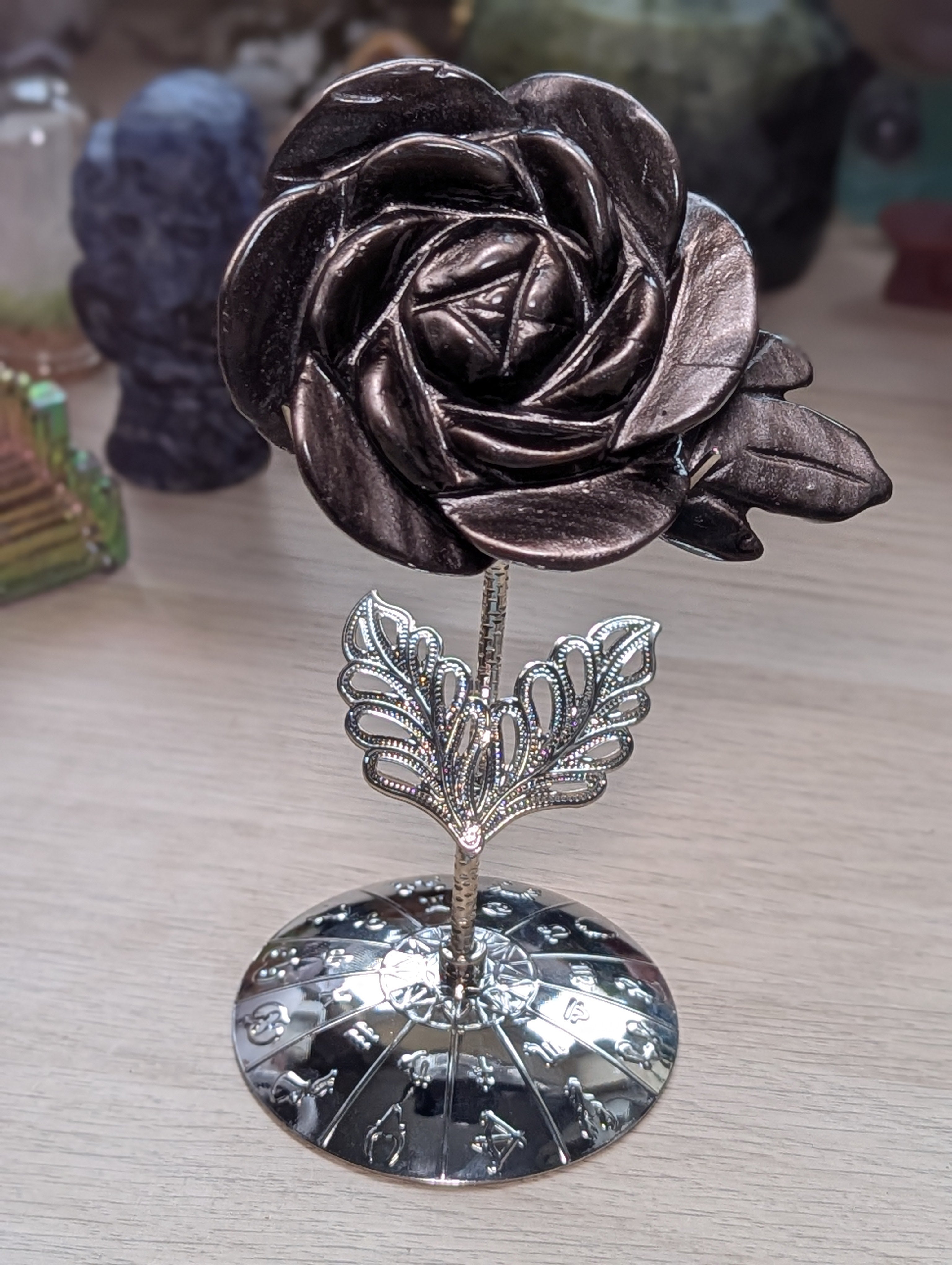 Silver sheen obsidian crystal rose carving with stand