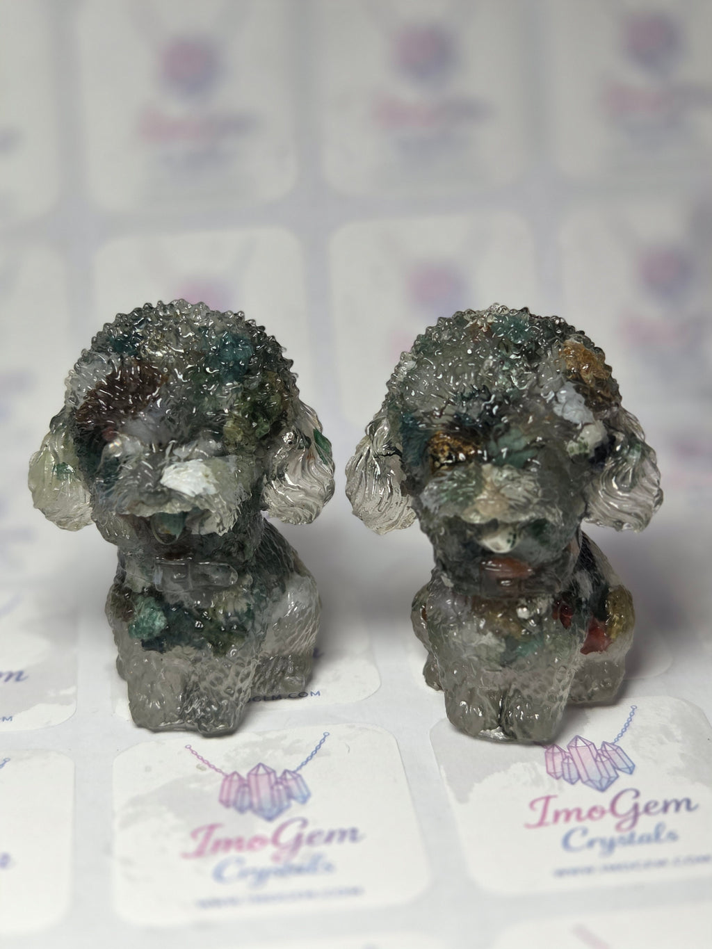Moss agate crystal teddy dogs  set of 2