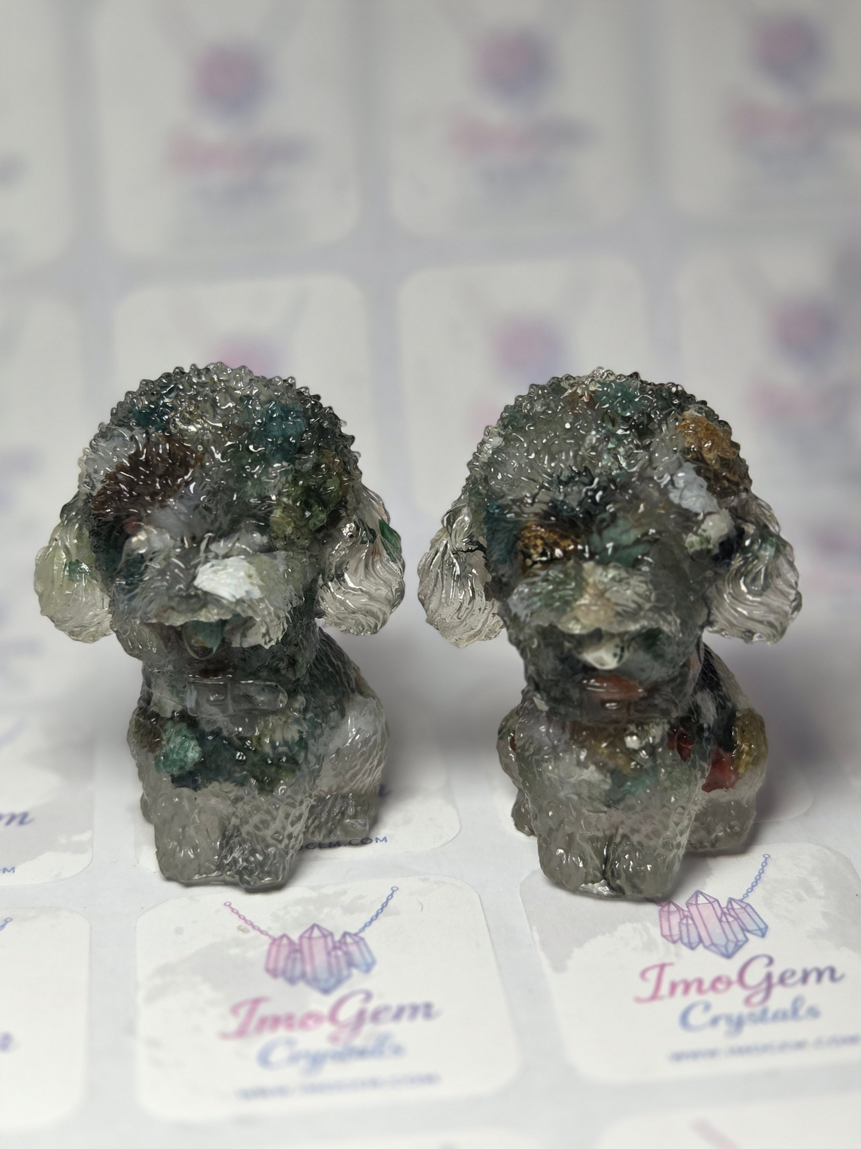 Moss agate crystal teddy dogs  set of 2