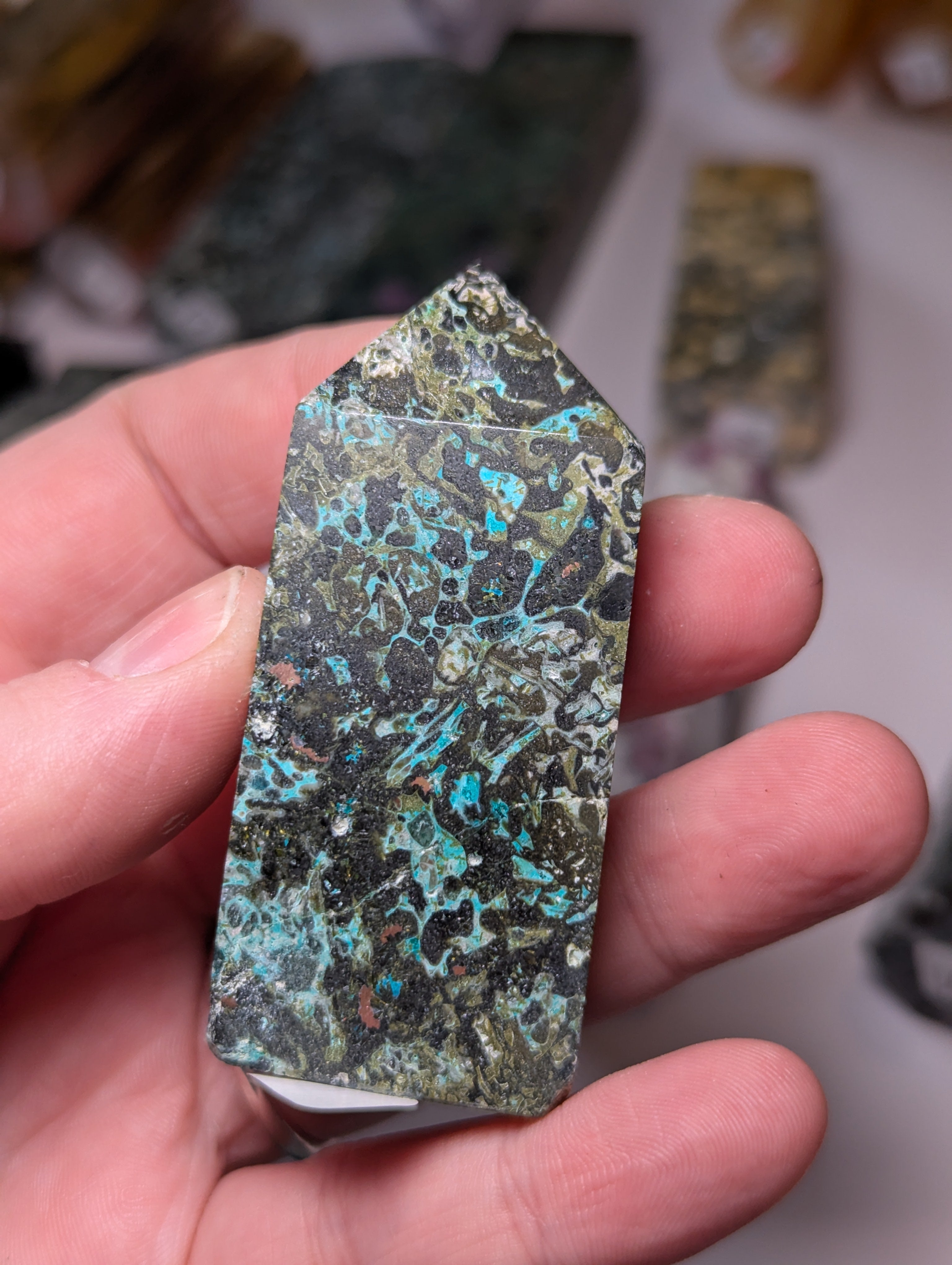 Epidote crystal with copper tower