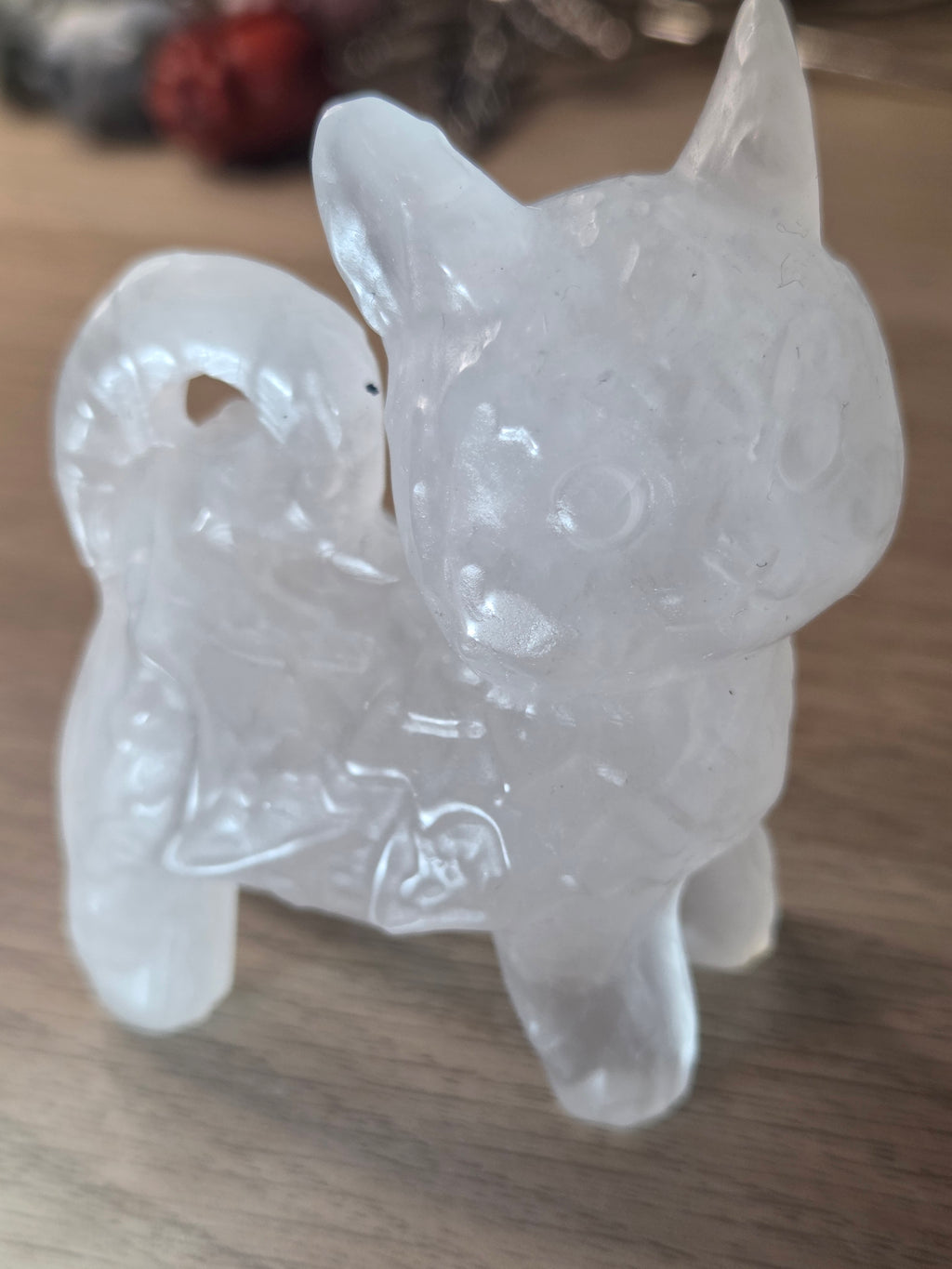 Clear quartz crystal cat carving