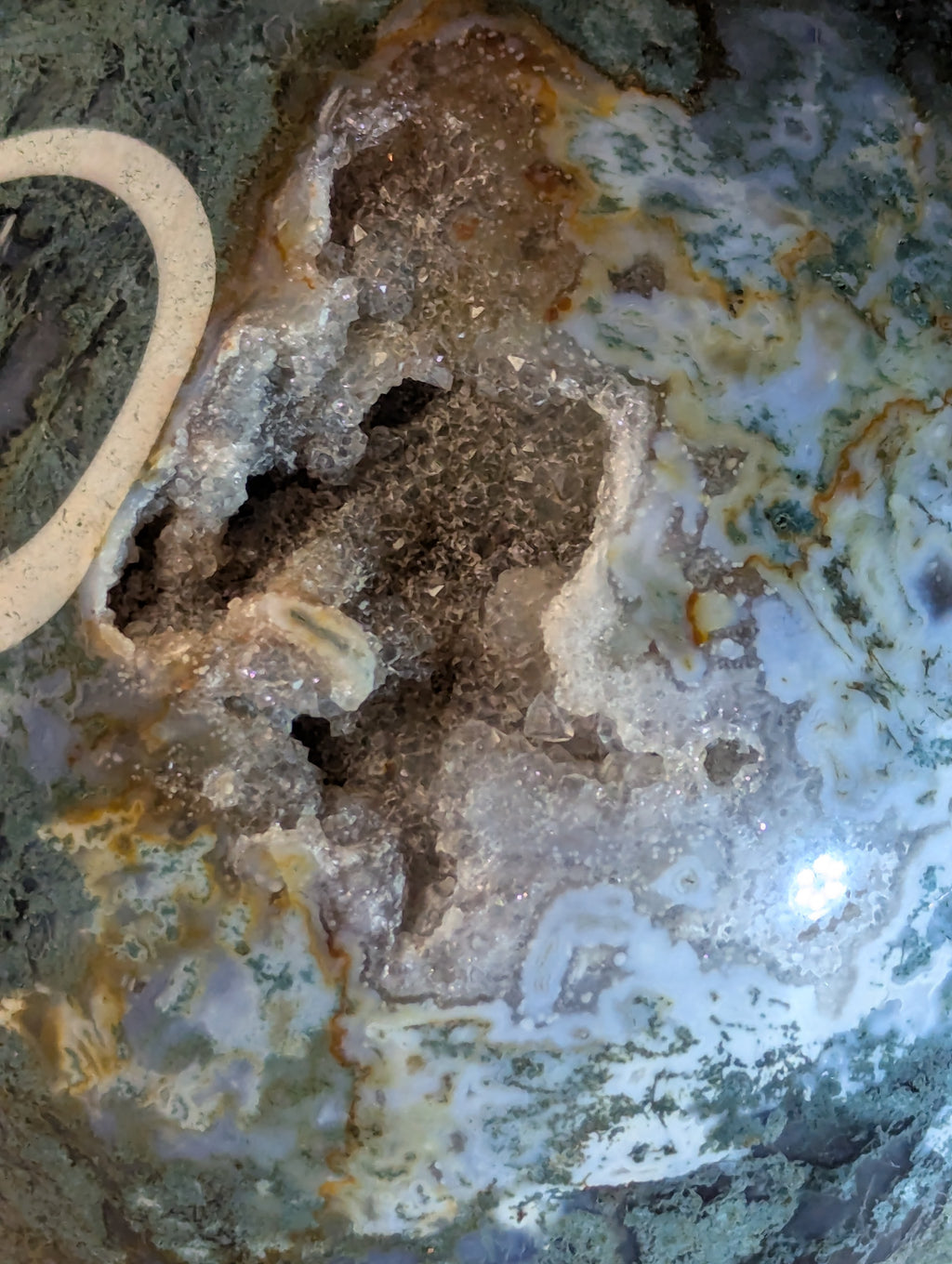New 50% off on check out XL Moss Agate crystal sphere with stand over 13cm