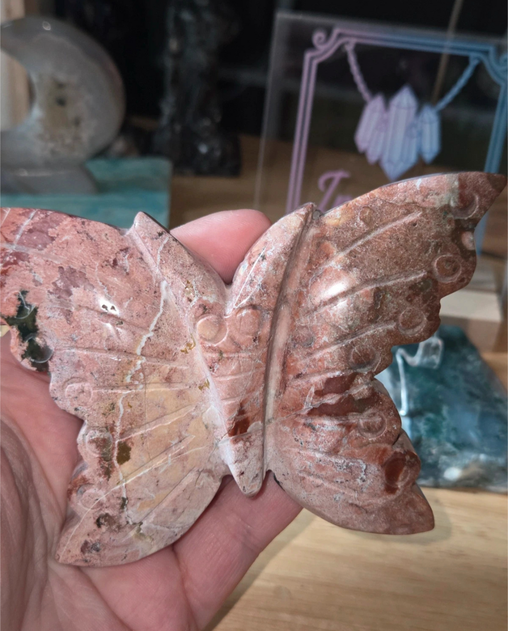Pink jasper crystal butterfly carving with stand