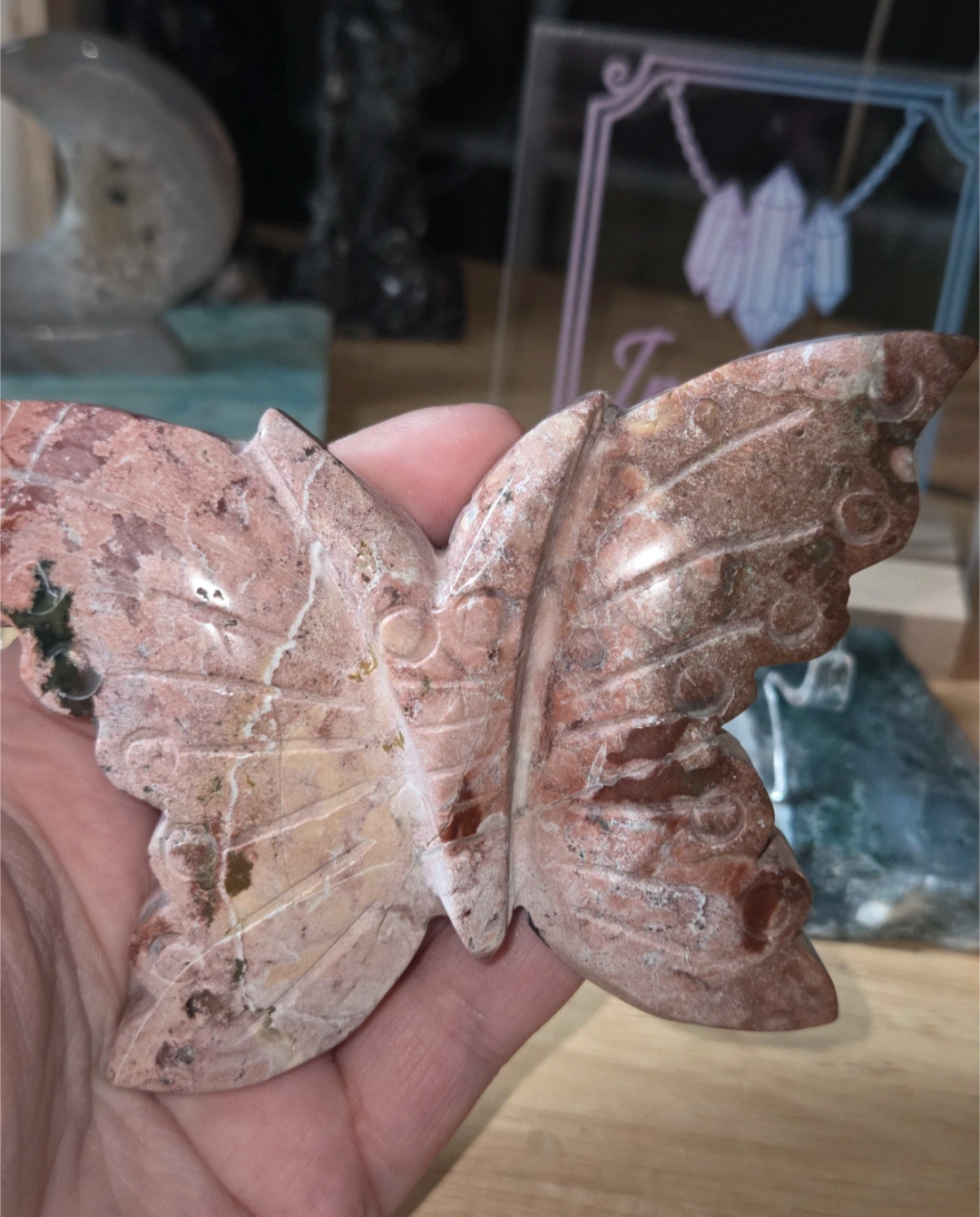 Pink jasper crystal butterfly carving with stand