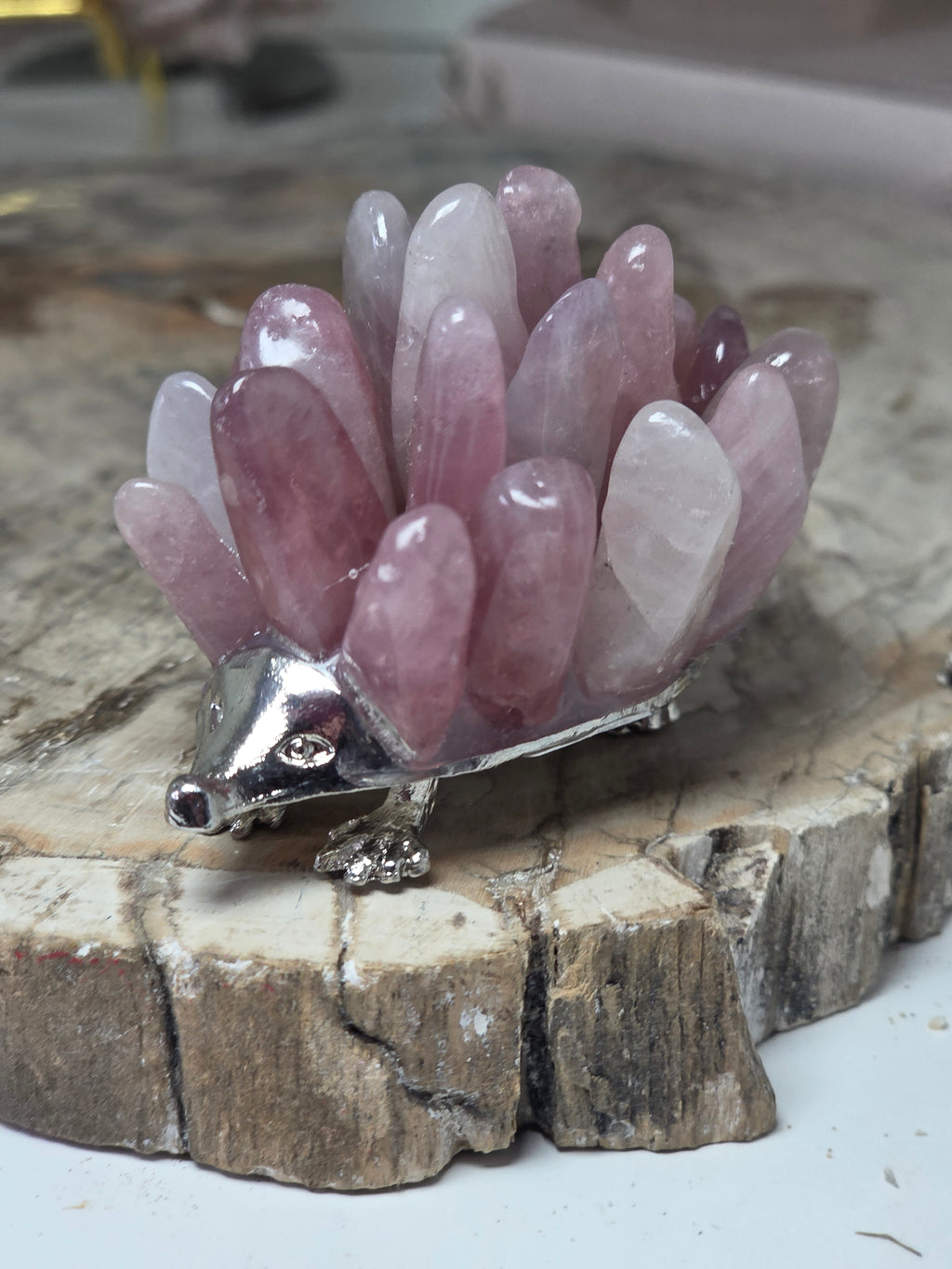 Rose quartz crystal hedgehog carving