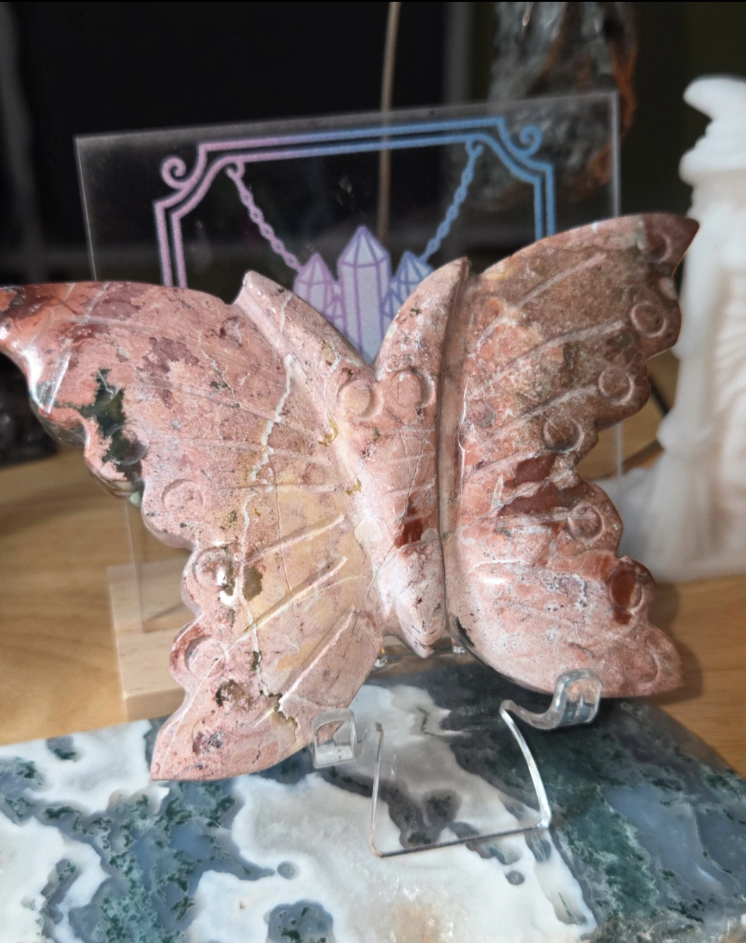 Pink jasper crystal butterfly carving with stand