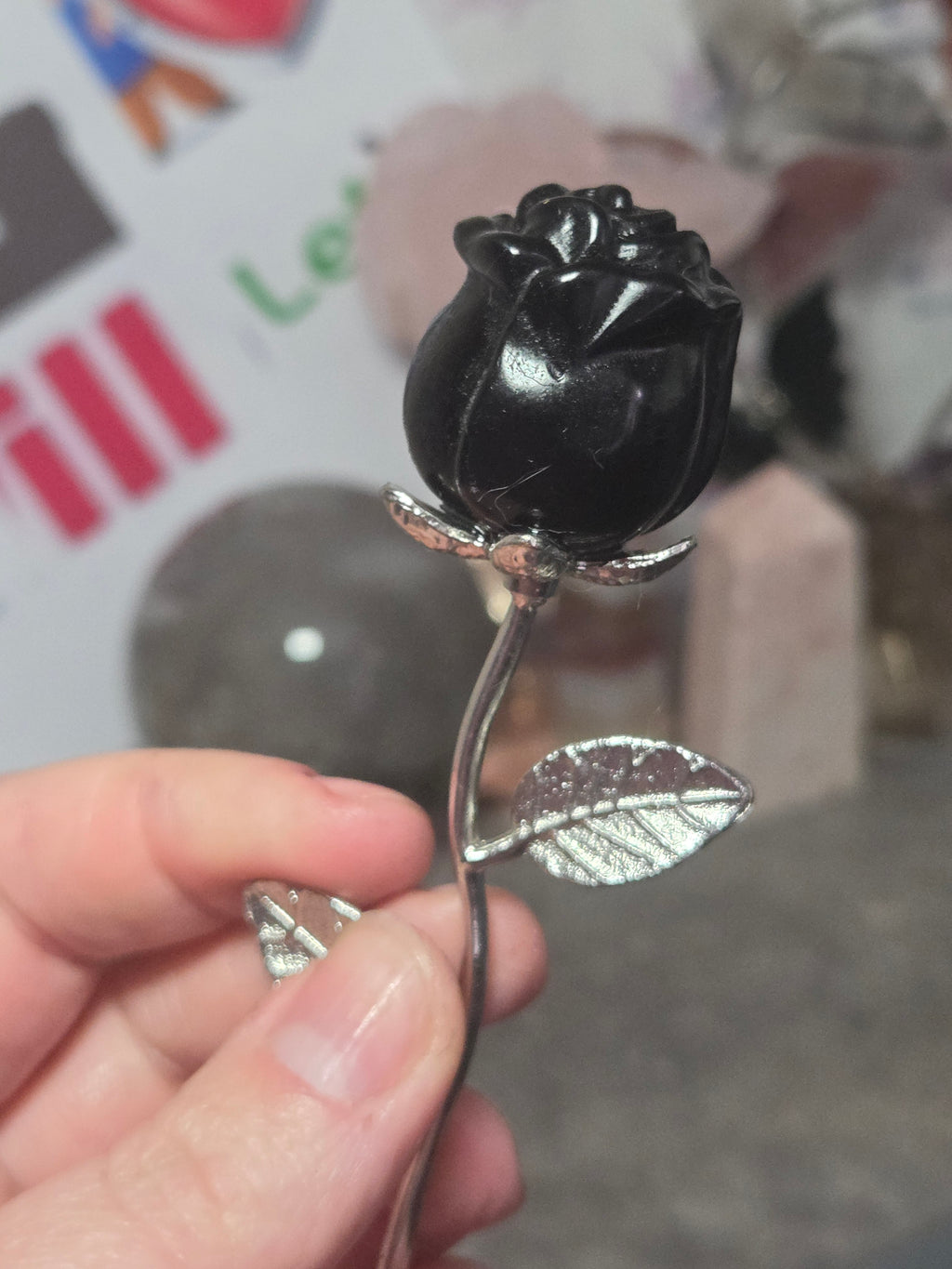 Obsidian crystal rose with stem