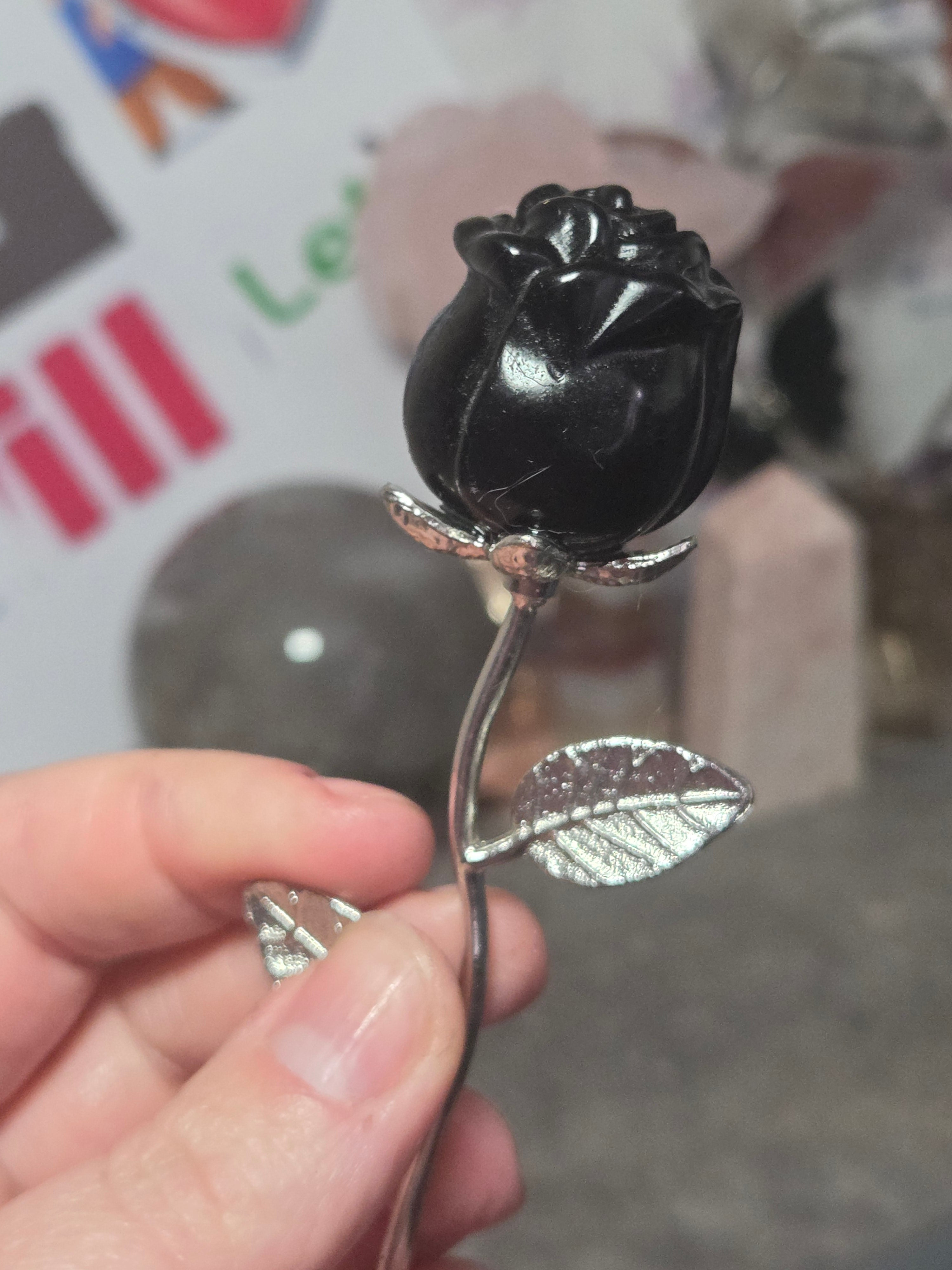 Obsidian crystal rose with stem