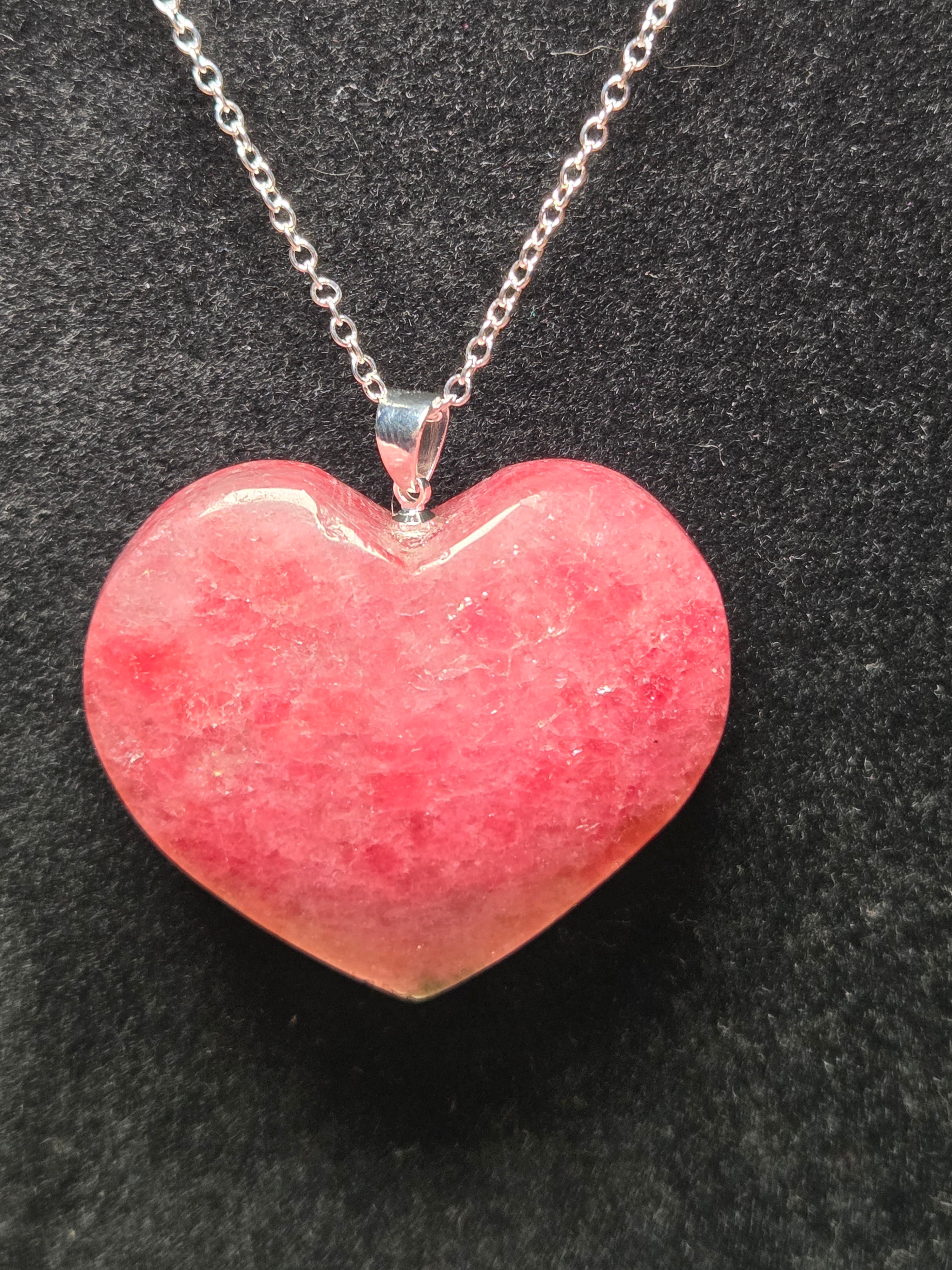 S925 Pink Rhodonite crystal heart carving necklace