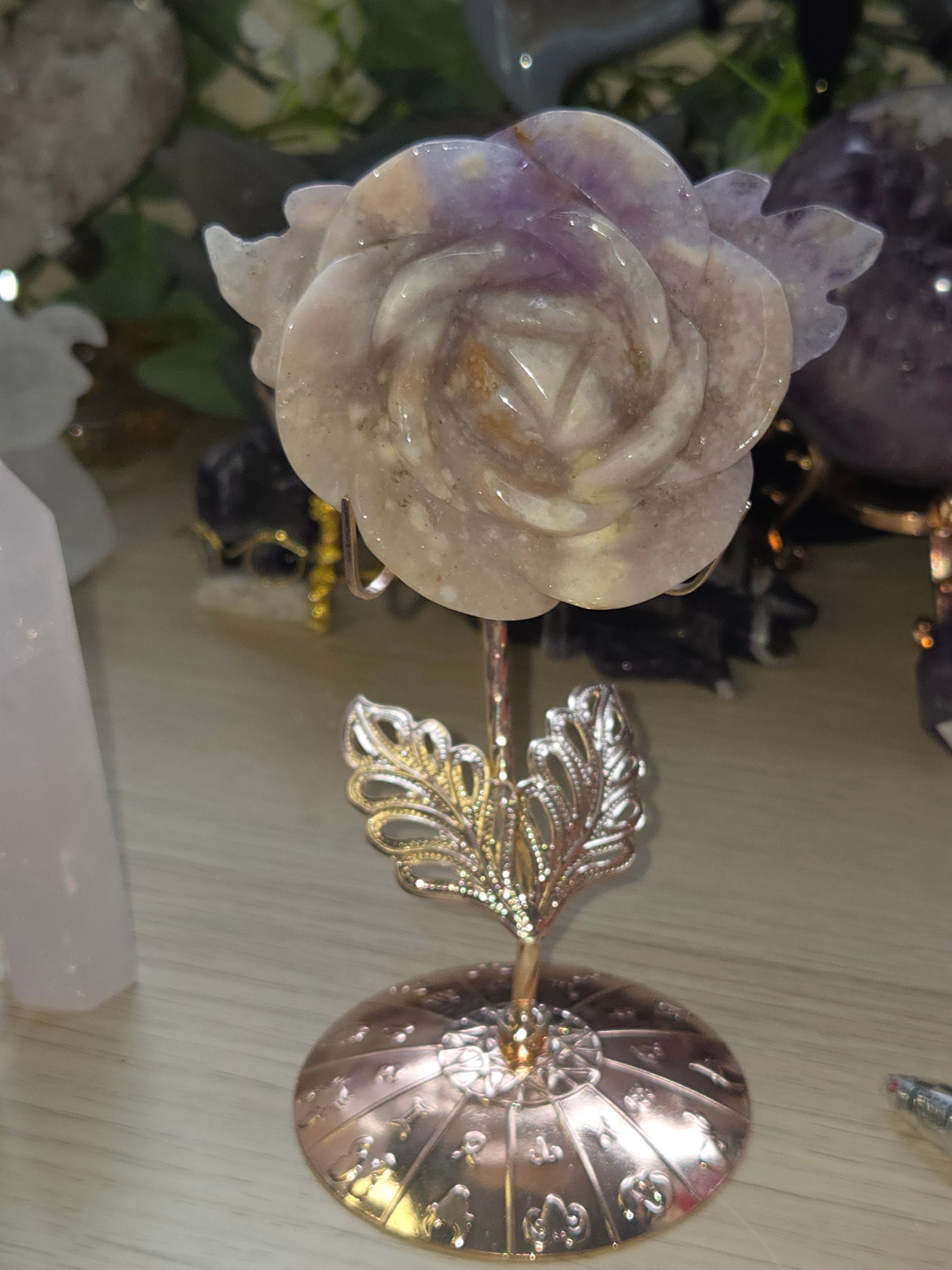 Amethyst Flower agate crystal rose carving with stand
