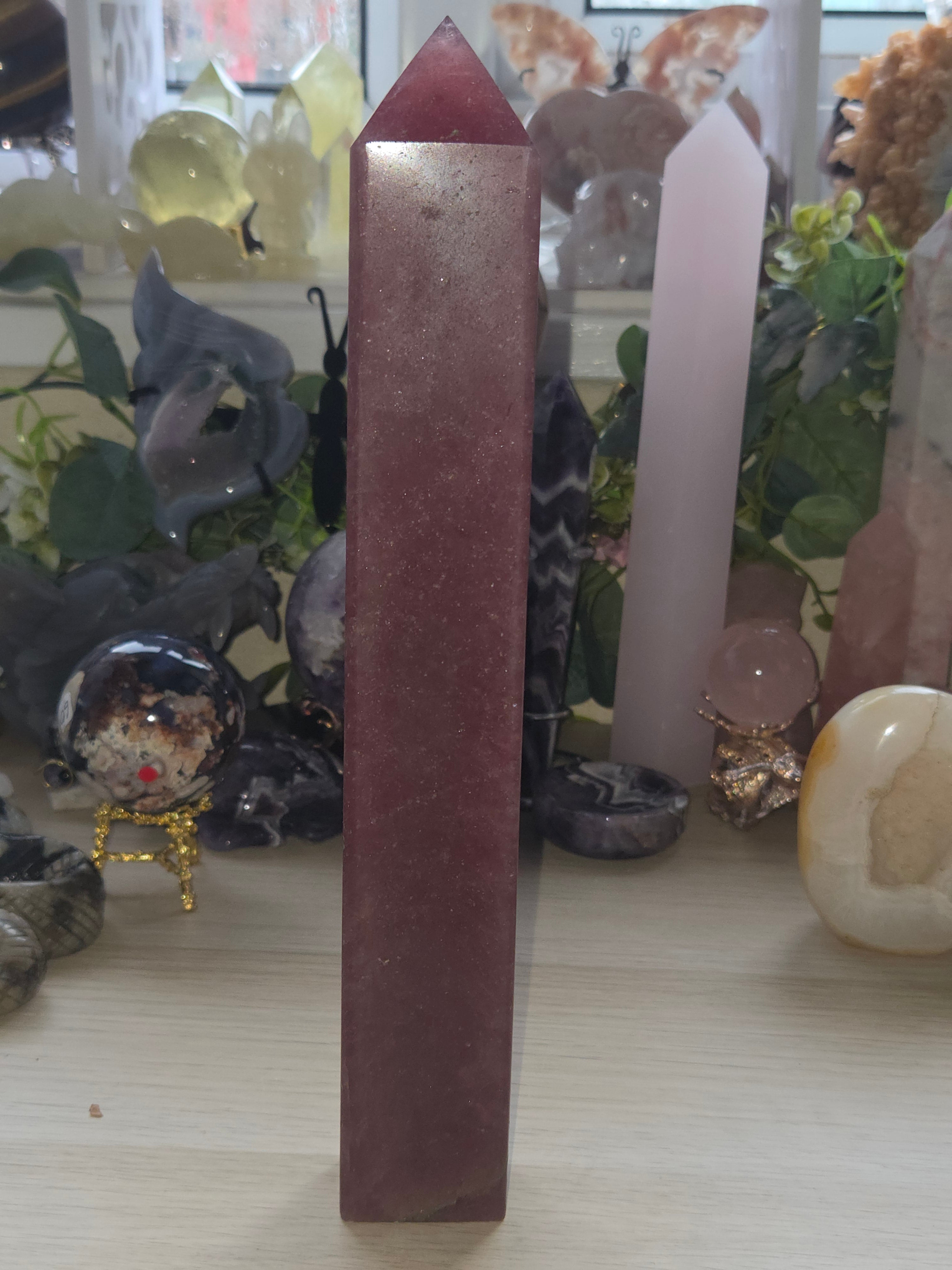 Xl strawberry quartz crystal tower carving