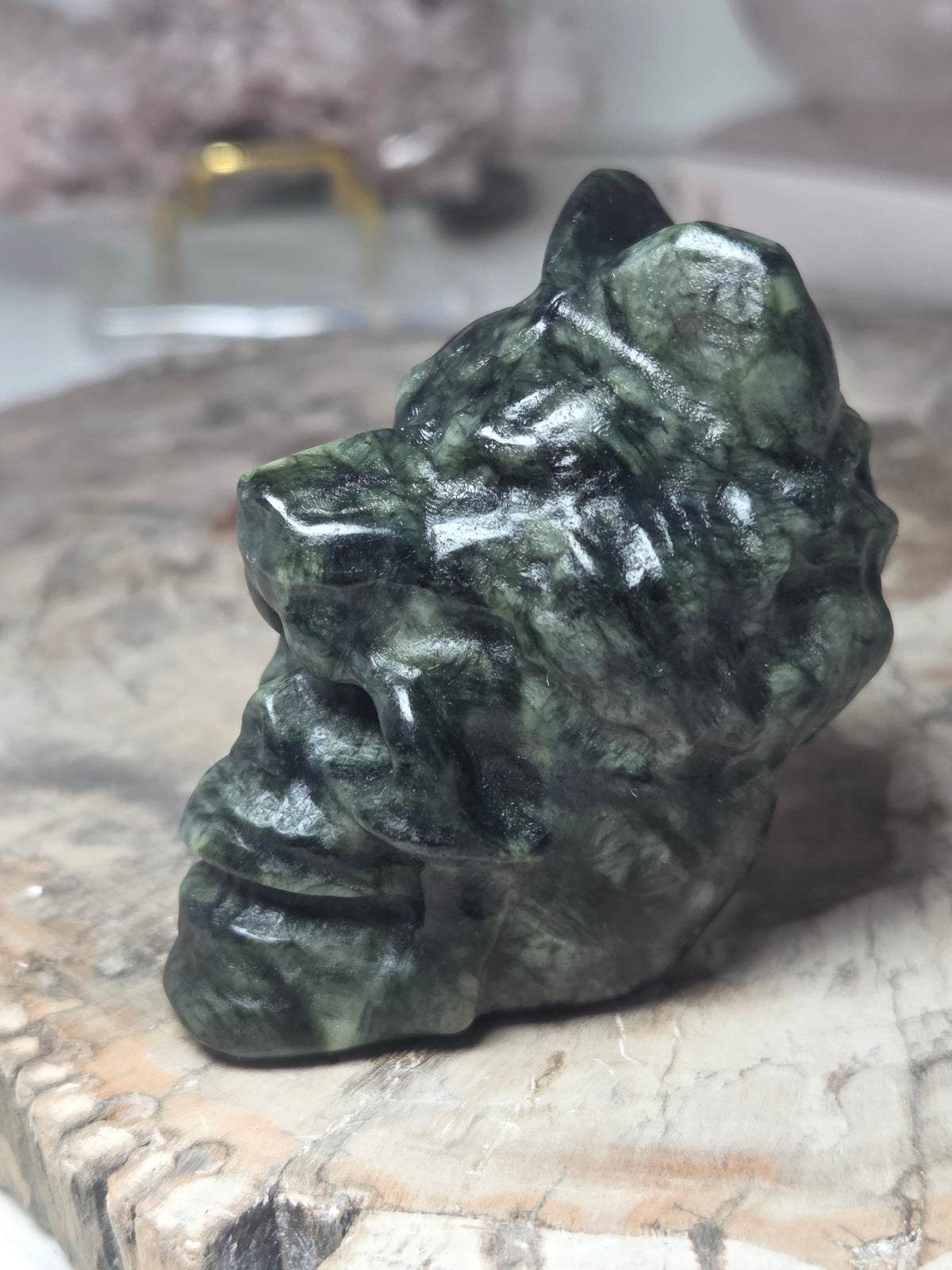 Green jade crystal wolf head skull