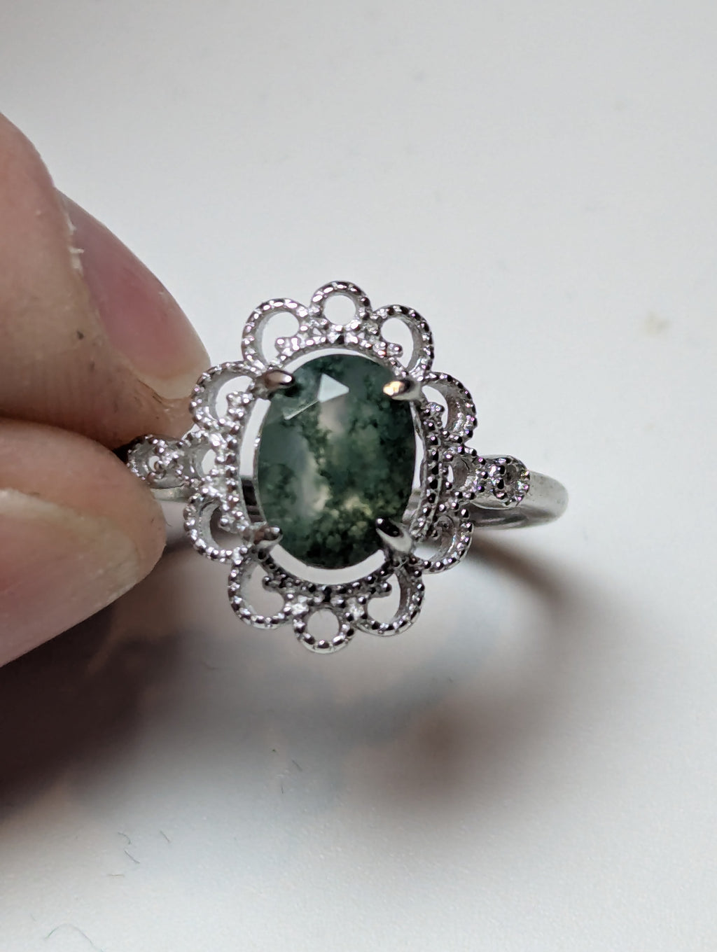 Moss Agate crystal Adjustable ring stainless steel