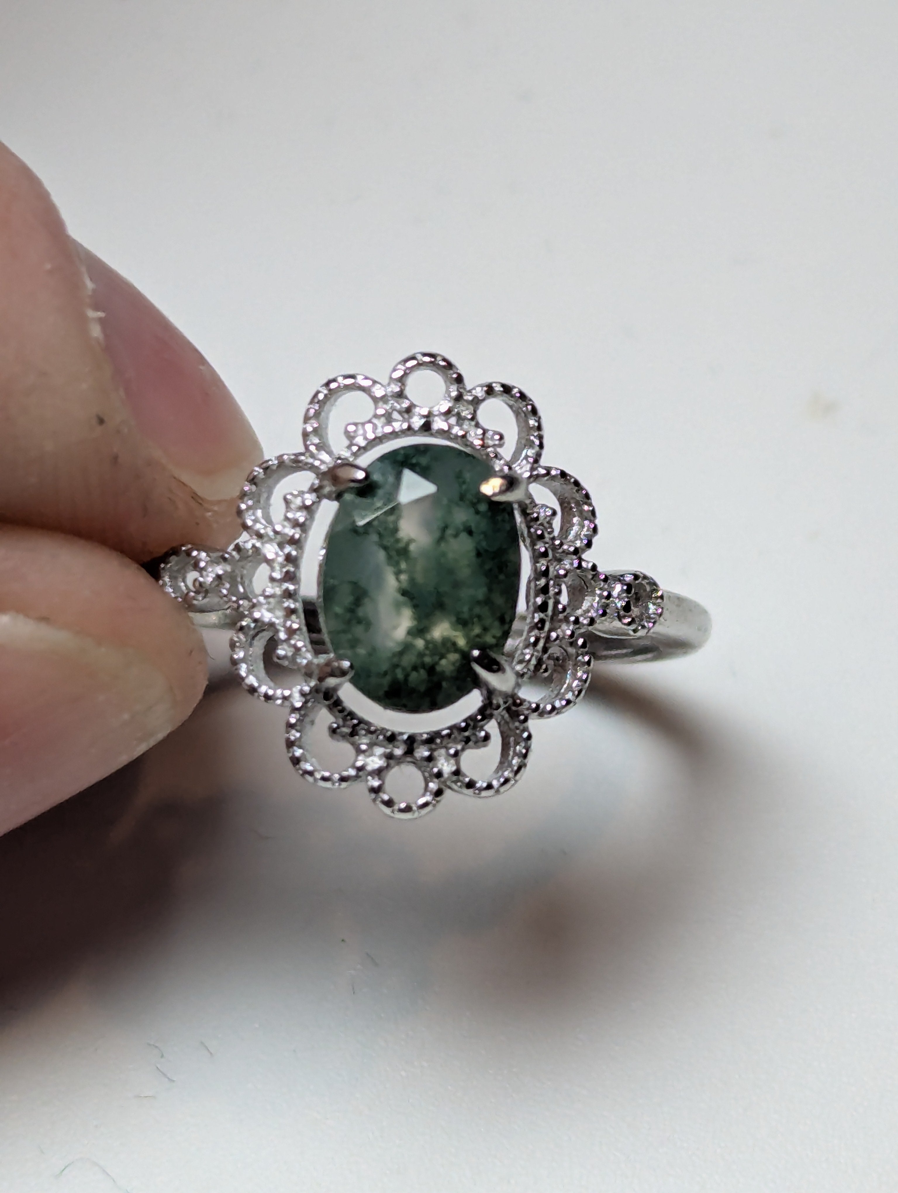 Moss Agate crystal Adjustable ring stainless steel