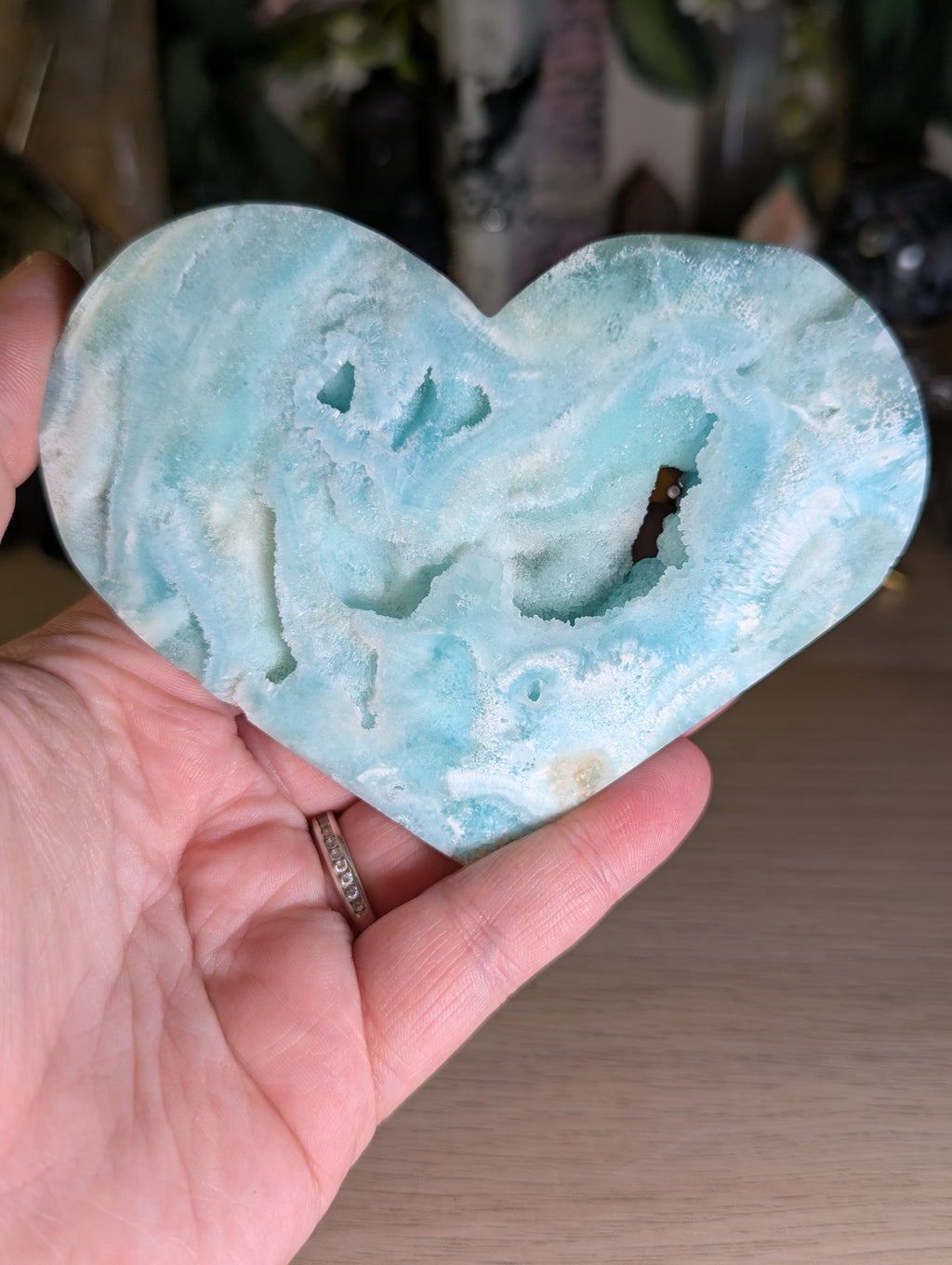 Hemimorphite crystal heart carving with stand