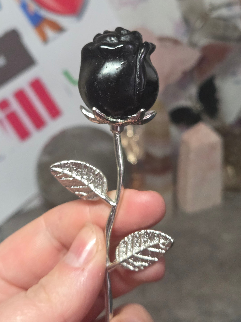 Obsidian crystal rose with stem