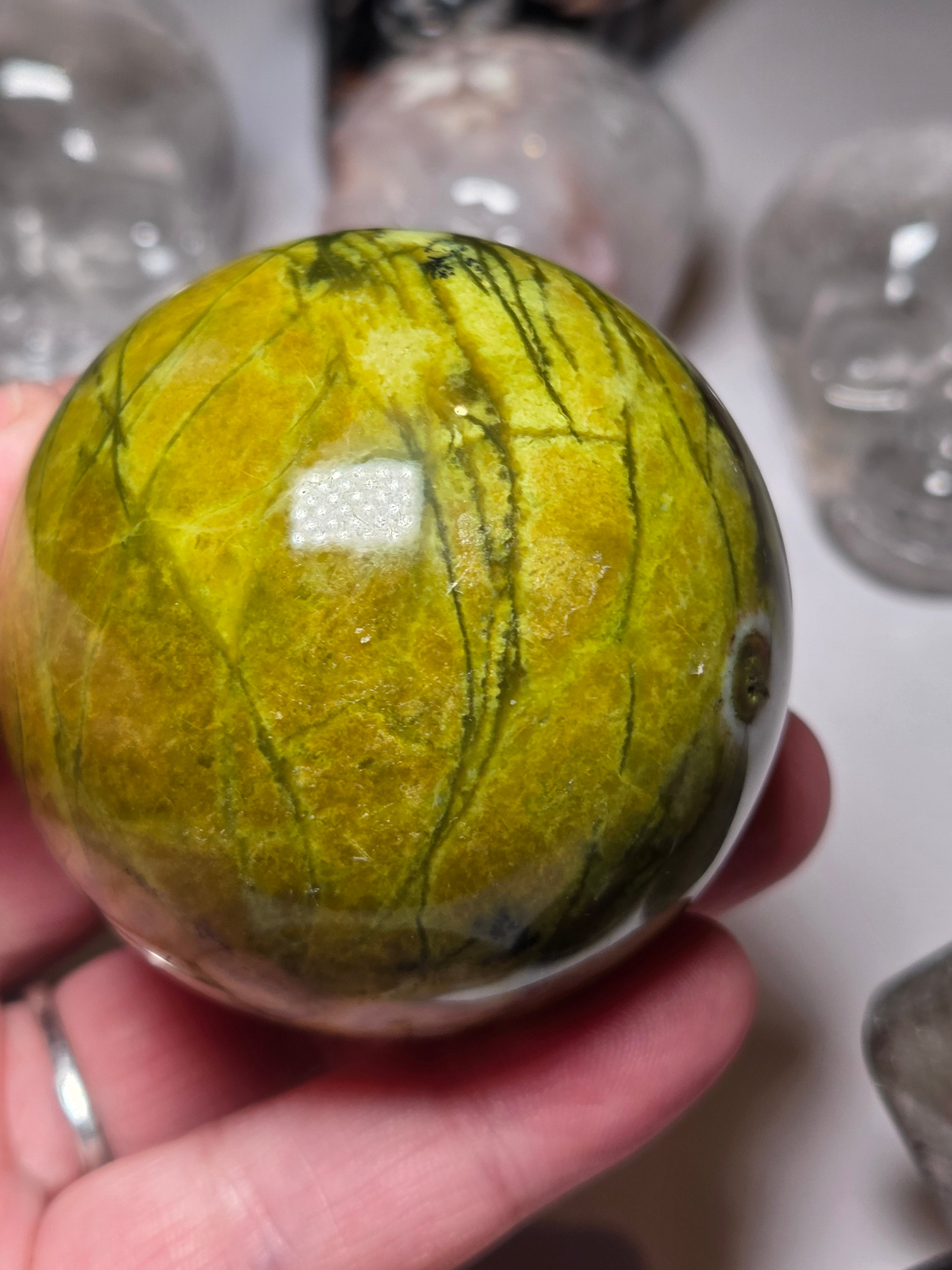 Green Opal crystal sphere carving with Stand