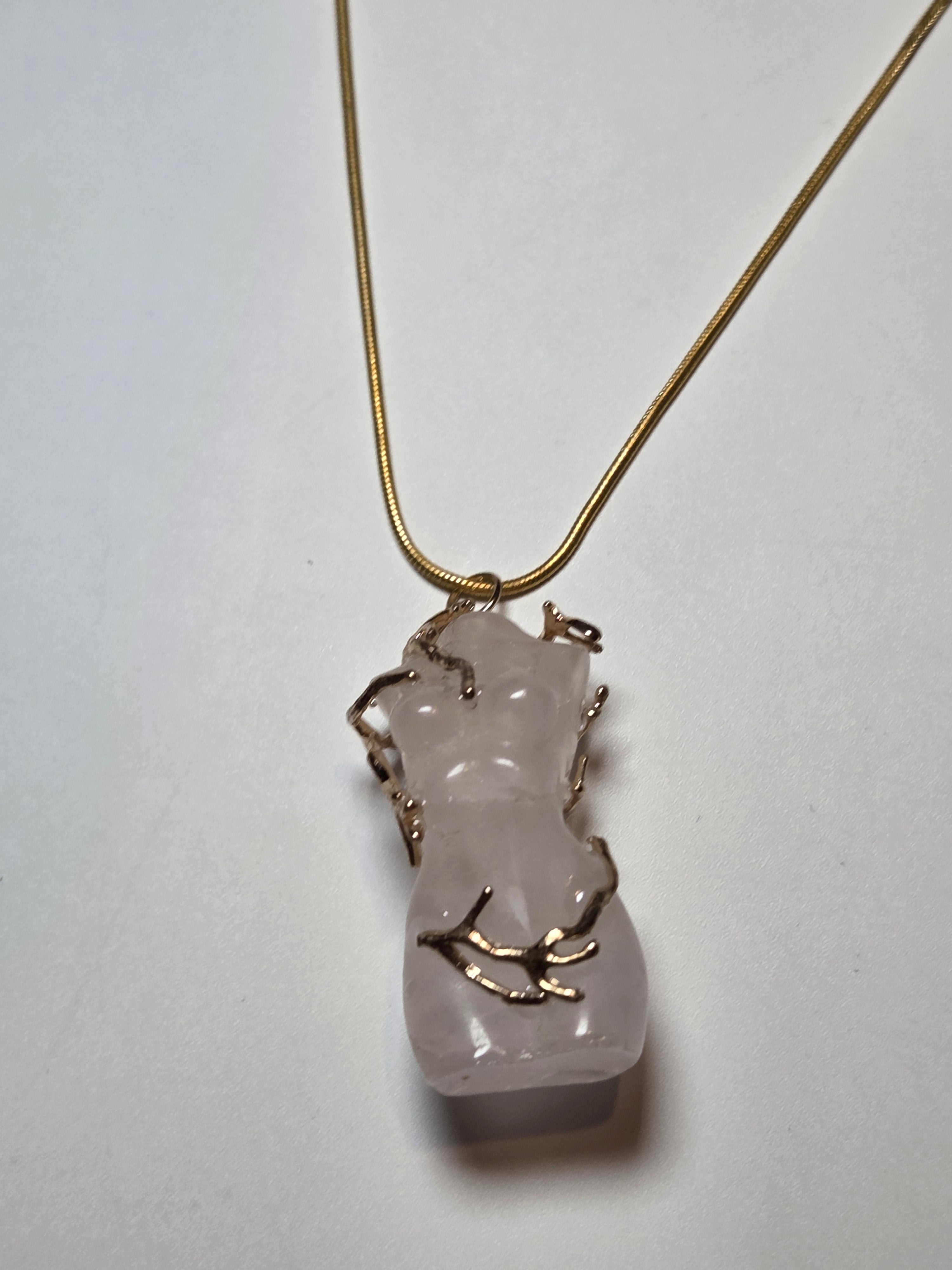 Rose quartz female body carving handmade necklace